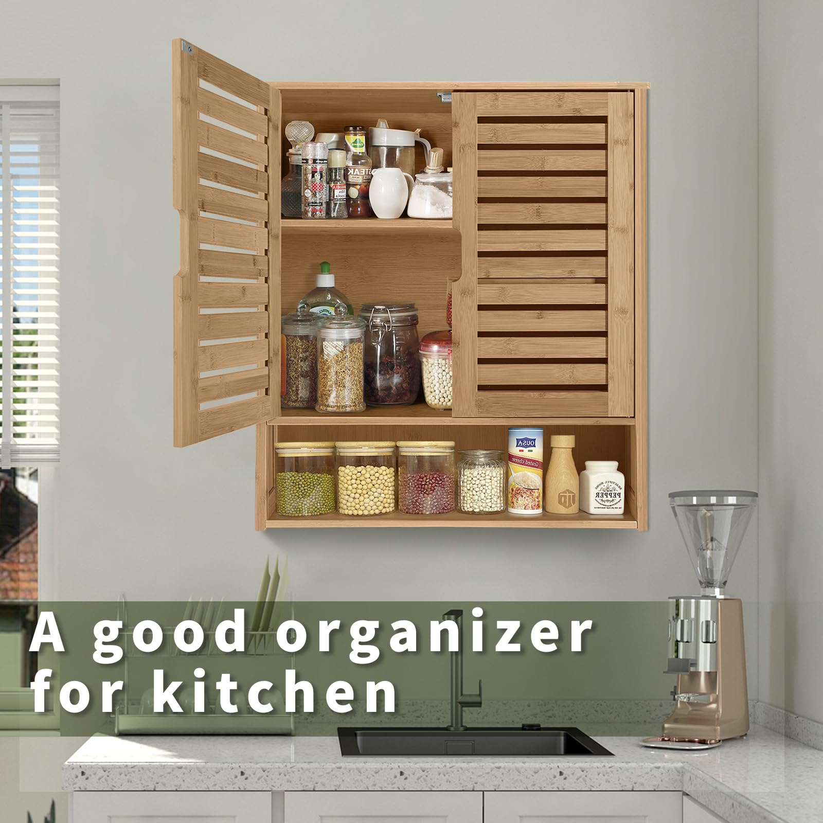 DRDINGRUI Bamboo Wall Cabinet, Medicine Cabinet Over The Toilet, Wall Mounted Storage Medicine Cabinet with Two Doors & Adjustable Shelves, for Bathroom, Kitchen, Living Room, Walnut