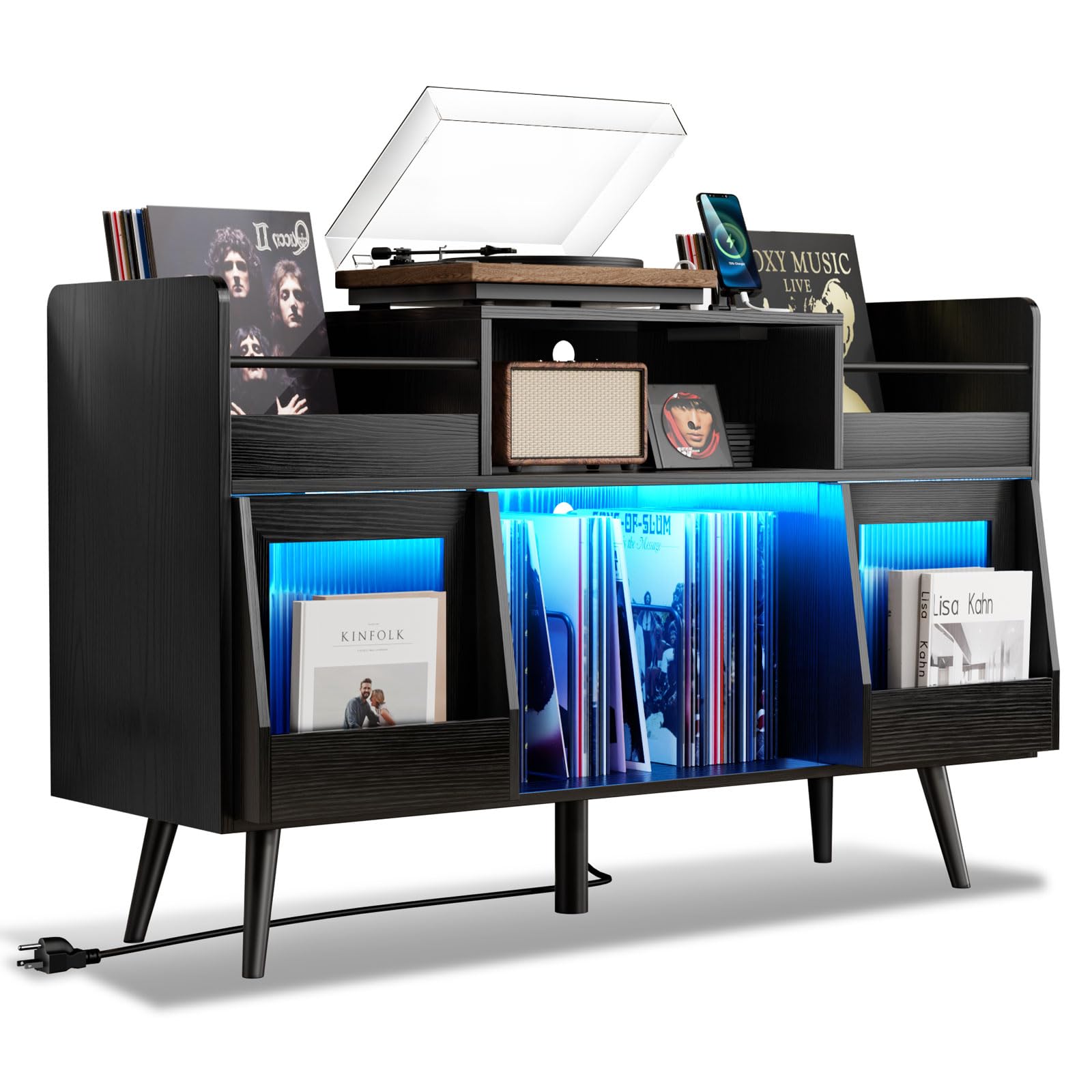 XL Record Player Stand,Turntable Stand Shelf w/Power Outlet &amp; LED Light