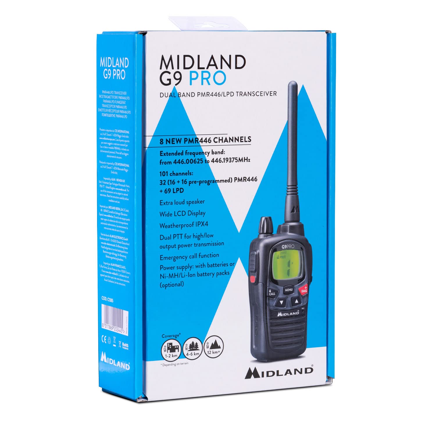 Midland - Walkie Talkie G9 PRO, Ricetrasmittenti Professionali IPX4 Waterproof per Softair e Outdoor, 101 Canali - 32 PMR446/69 LPD, Copertura 12Km, Autonomia 23H, 4 Batterie Ricaricabili e Accessori