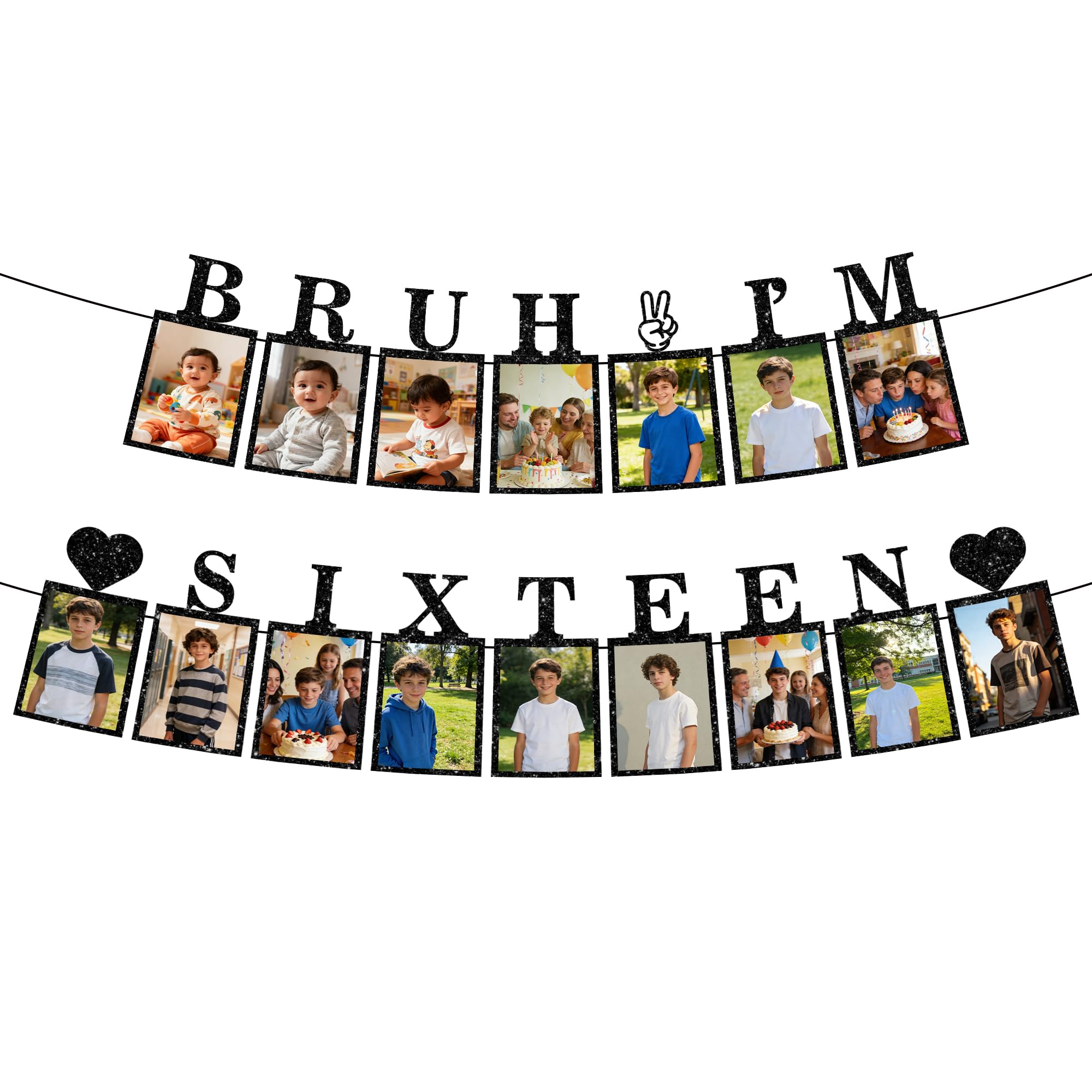 16th Birthday Decorations Photo Banner - Black Boy Hanging BRUH I'M SIXTEEN Banners Picture Decoration Happy 16th Birthday Photo Display Bunting for 16 Years Old Boys Party Wall Decor Supplies