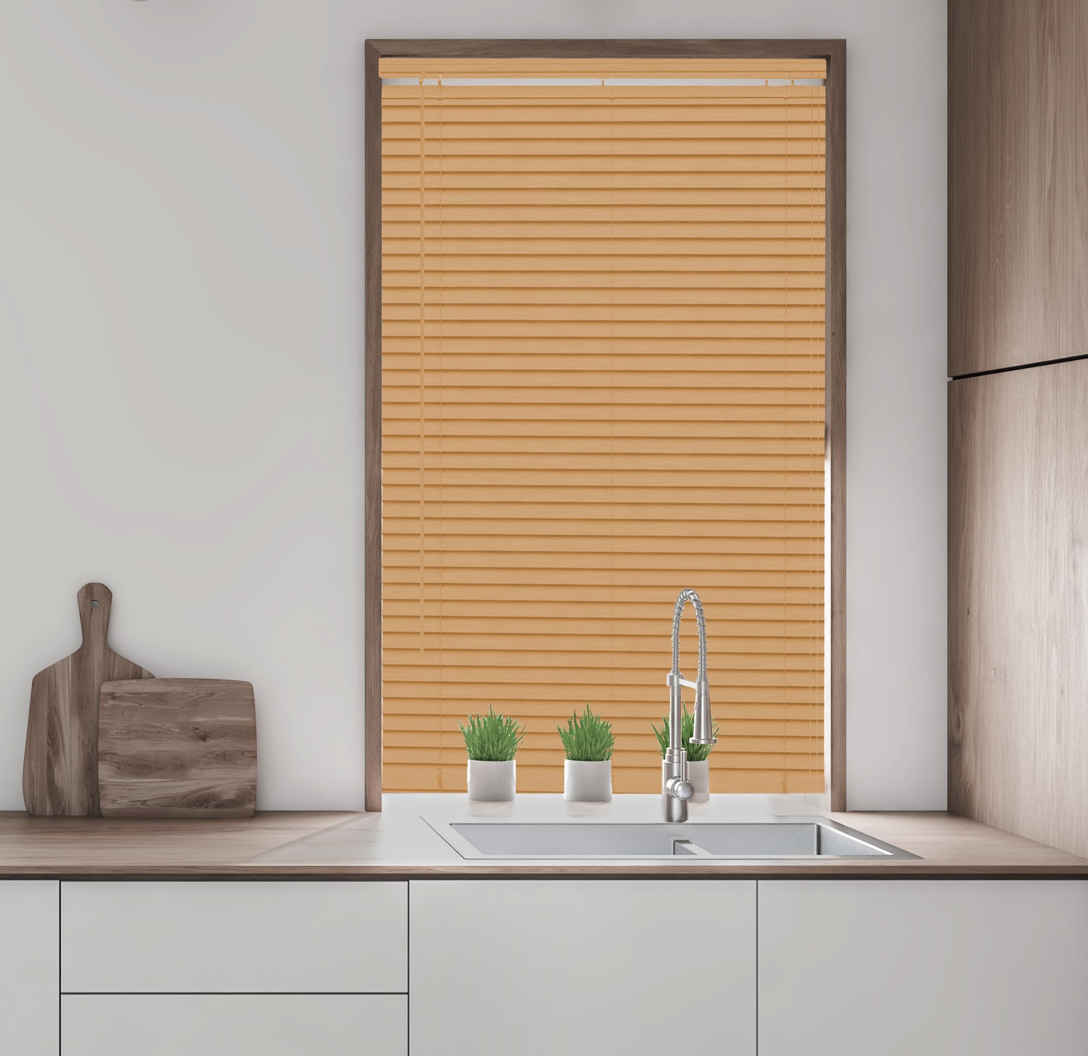 Wood Grain Effect 25mm PVC Venetian Blind Strings 25mm Slats Home Office Easy Fit Teak 75cm Width x 210cm Drop