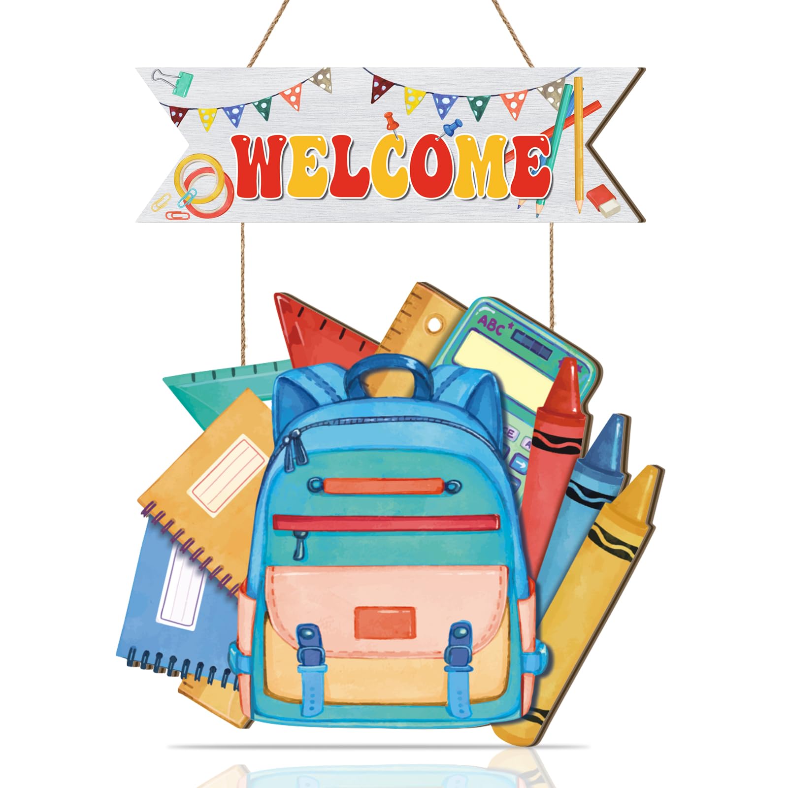 Aryroi Classroom Welcome Door Sign,First Day of School Door Decor,Back to School Wall Decor,Schoolbag Notebook Ruler Crayon Wall Hanger,Classroom Wooden Sign for Child Home Room Porch Class Nursery-image-18