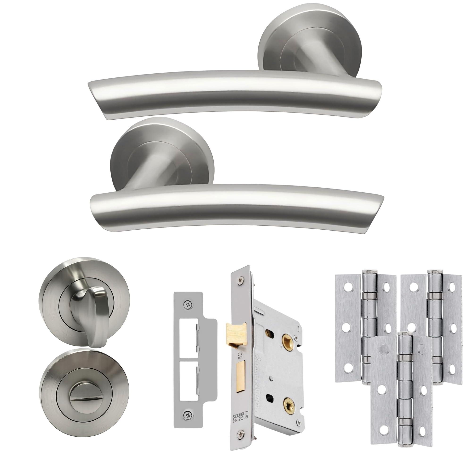 Uap Silver Everest Internal Door Handles Bathroom Pack With Lock Hinges Escutcheon Satin Stainless, 65Mm