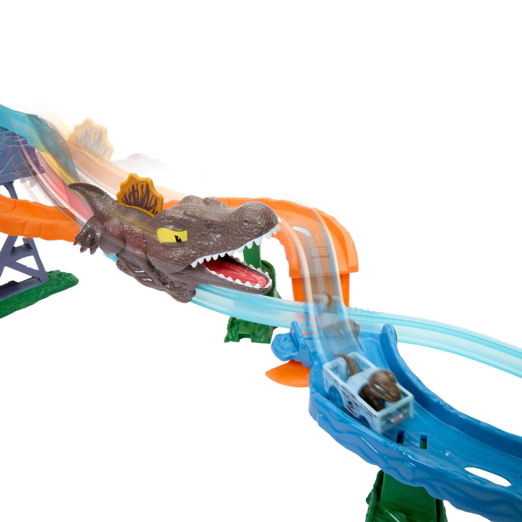Hot Wheels RacerVerse Jurassic World Pista Scontri e Tuffi, playset con veicolo velociraptor die-cast, gara di dinosauri con spinosauro, JFP32