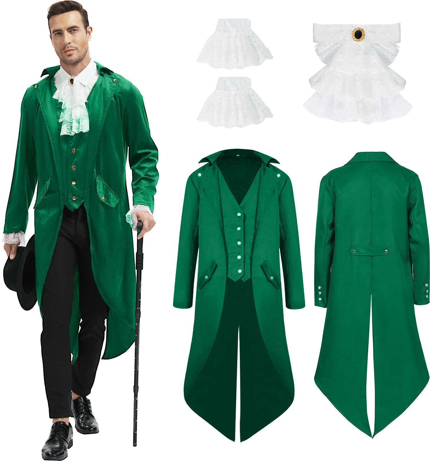 rumnigh Mens Steampunk Medieval Jacket, Medieval Victorian Vintage Jacket Uniform Long Tuxedo,Halloween Costume (Green, L)