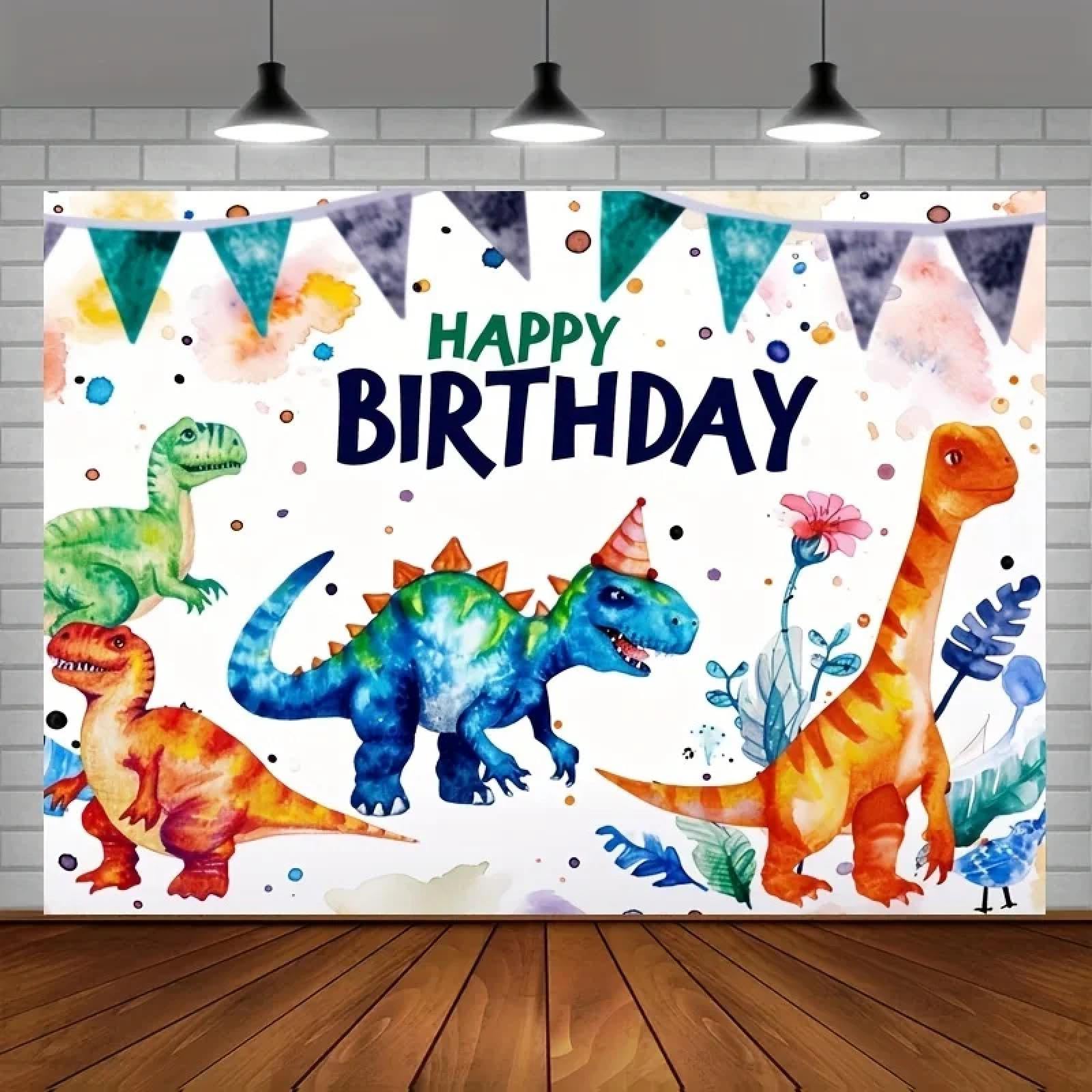 Akwarela dinozaur dżungla tło żywe Happy Birthday, fotografia, tło do dekoracji wnętrz i na zewnątrz