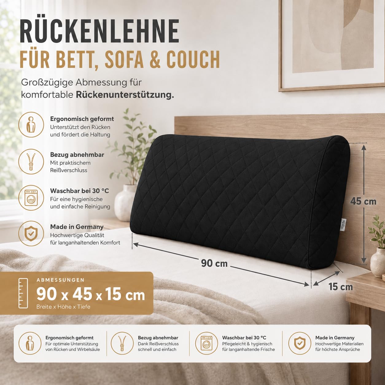 Rückenlehne 90x45 cm, Anthrazit | Komfortables Rückenkissen für Bett, Sofa oder Palettenmöbel, Vielseitiges Rückenstützkissen, Abnehmbarer Bezug