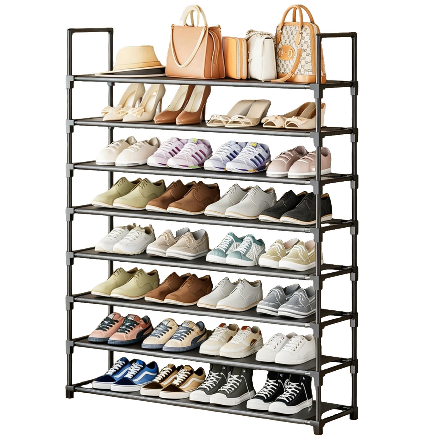 OYREL Scarpiera a 8 ripiani per 32-40 paia di scarpe, organizer grande con borsa laterale, salvaspazio, per armadio, ingresso, garage, camera da letto, scarpiera in tessuto non tessuto, nero