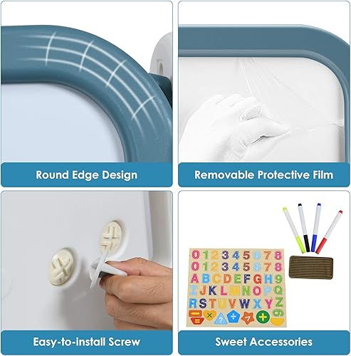 Miniatura 4 de Costzon Caballete de arte 3 en 1 para niños, pizarra magnética de borrado en seco de doble cara y estante para libros para niños con silla y