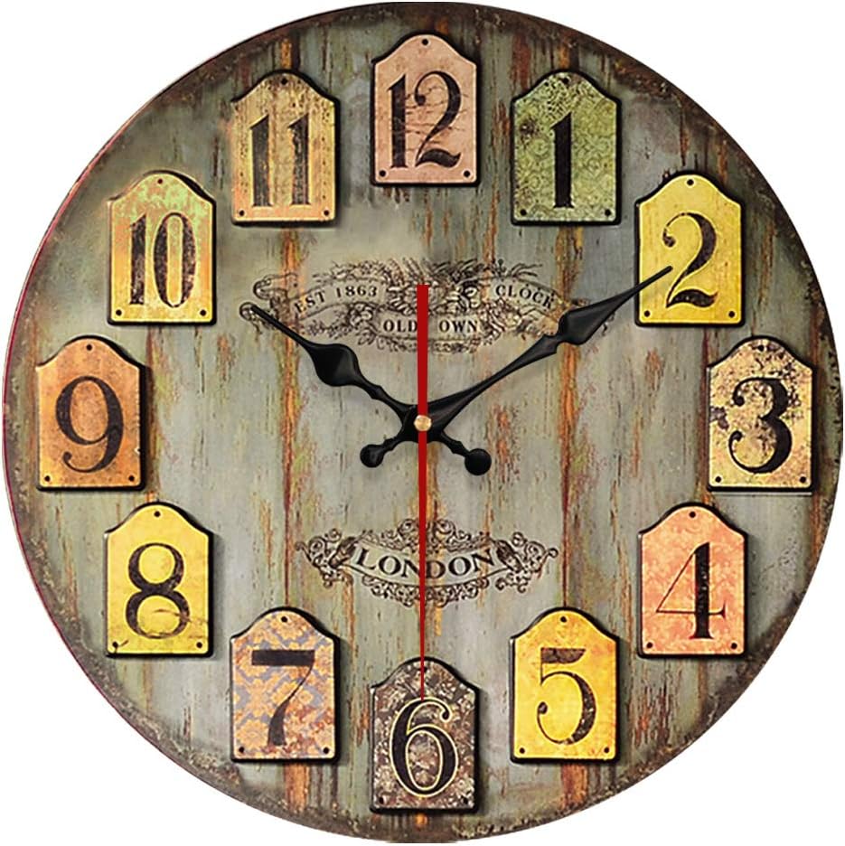 Yeyo Wall Clock European Style Old Fashion Elegance Vintage Wall Clock MDF Wooden Art Decor for Home Living Room Bedroom Office Decoration (14inch, Style 2)