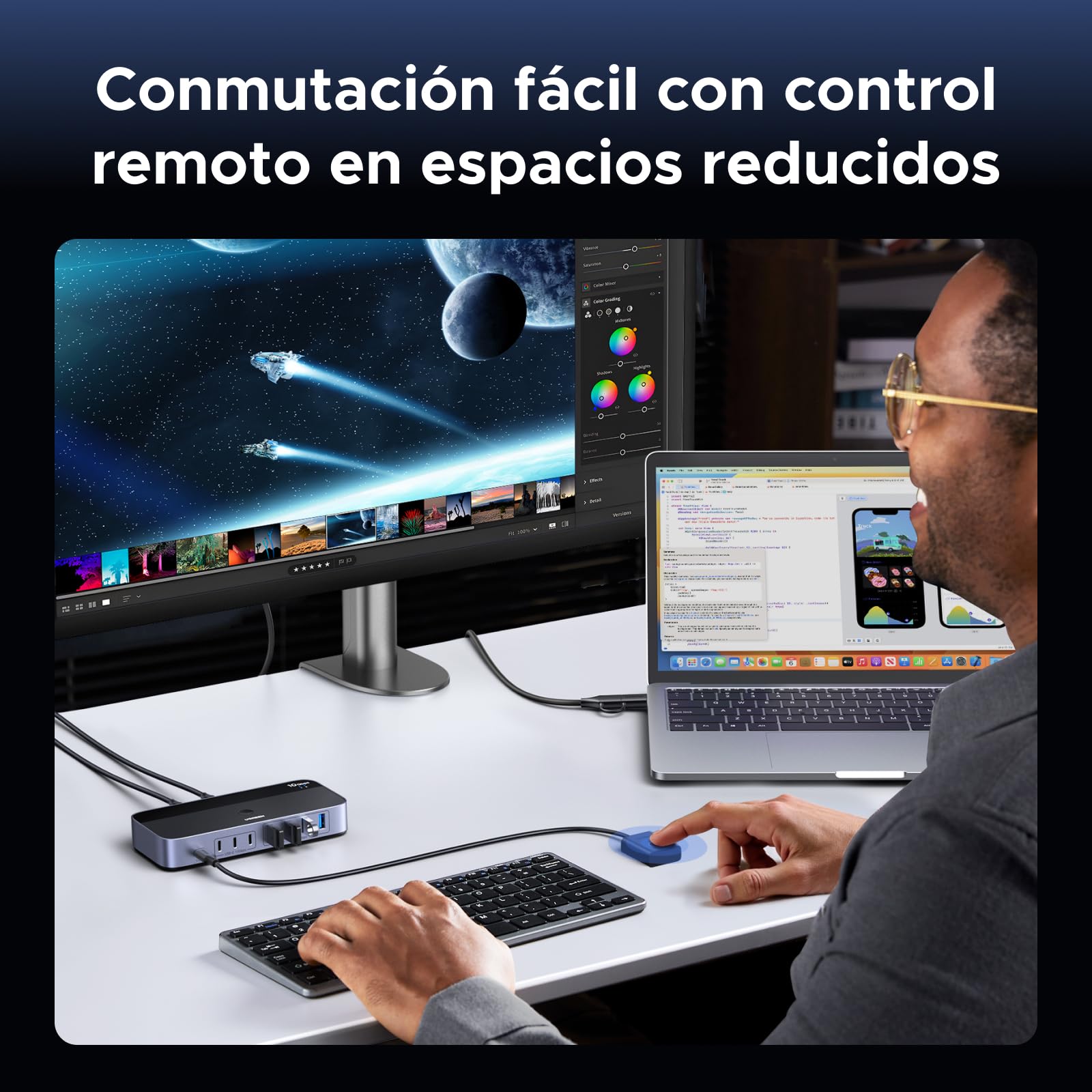 UGREEN Switch USB C 3.2 10 Gbps Conmutador KVM 2 Entradas de PC Comparten 7 Dispositivos USB (4A3C) para Teclado Ratón Disco Duro Impresora Escáner y Micrófono con Adaptador de Corriente DC 12 V