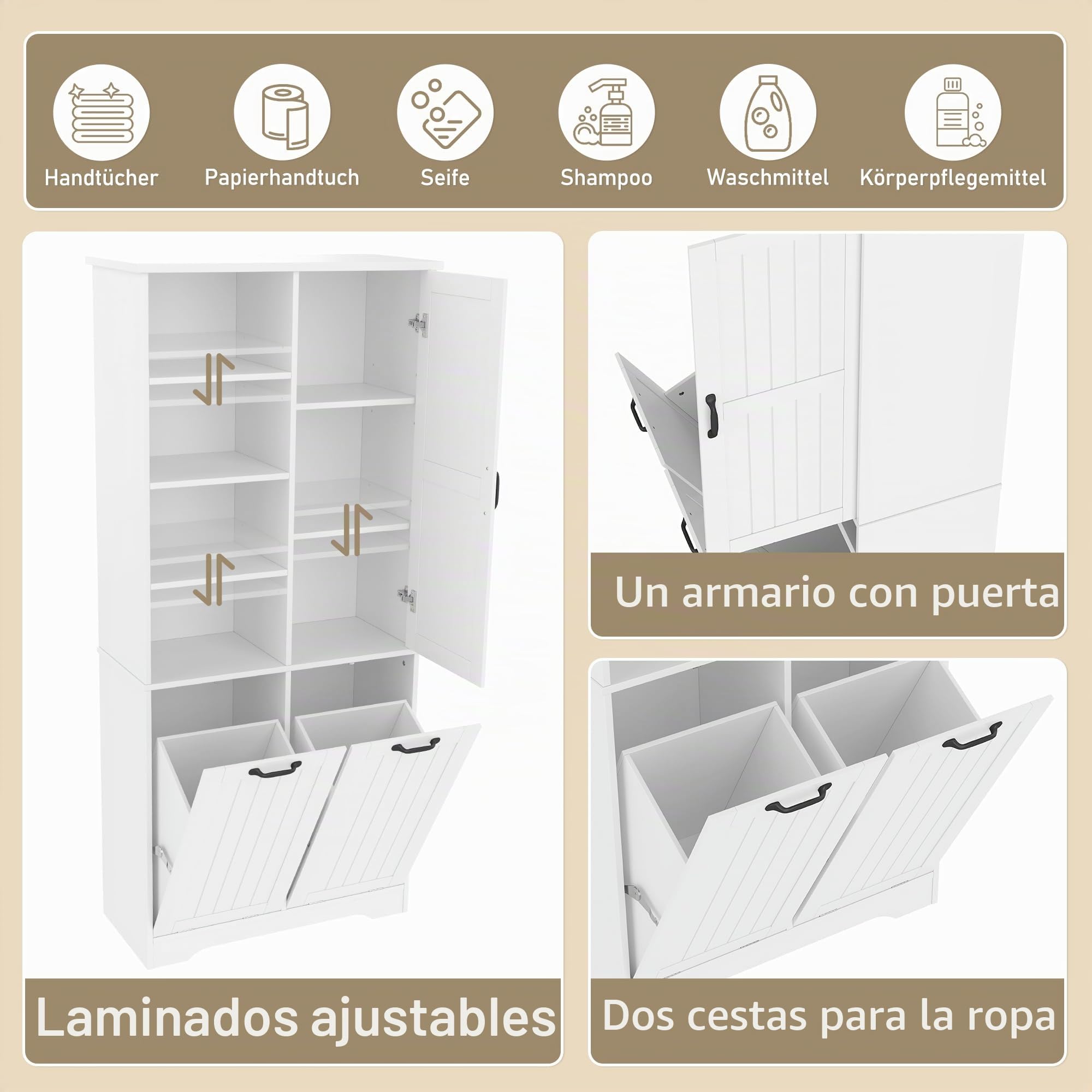 Armoire de salle de bain résistante à l'humidité 78 x 35 x 172 cm, double buanderie, 4 étagères ouvertes, 3 compartiments de porte, fonctions réglables pour un maximum d'espace de rangement