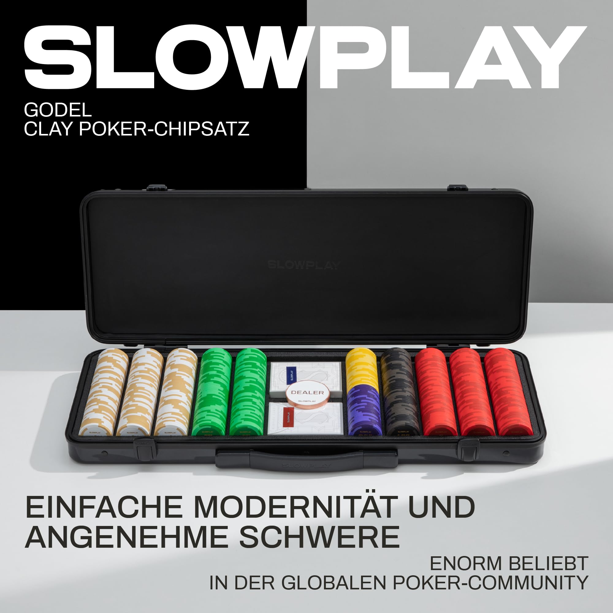 SLOWPLAY Godel Clay-Poker-Set, 14 g/40 mm Chips, Texas Hold’em | 300 Stk. mit Werten; PC-Koffer mit Spiegeleffekt; Clay-Verbundchips; minimalistisches Design