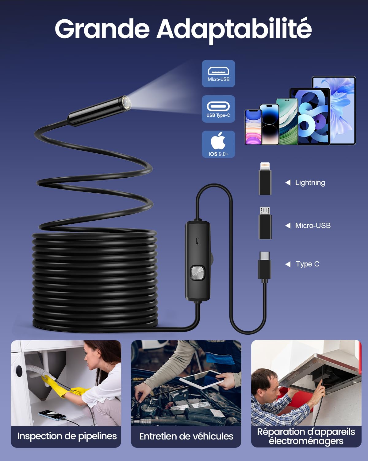Caméra Endoscopique, Caméra d'Inspection 1920P HD, IP67 3 en 1 USB Camera Canalisation Sonde de 7,9mm Étanche IP67 avec 8 LED, Câble Semi-Rigide de 5M pour Android iPhone iPad Tablettes