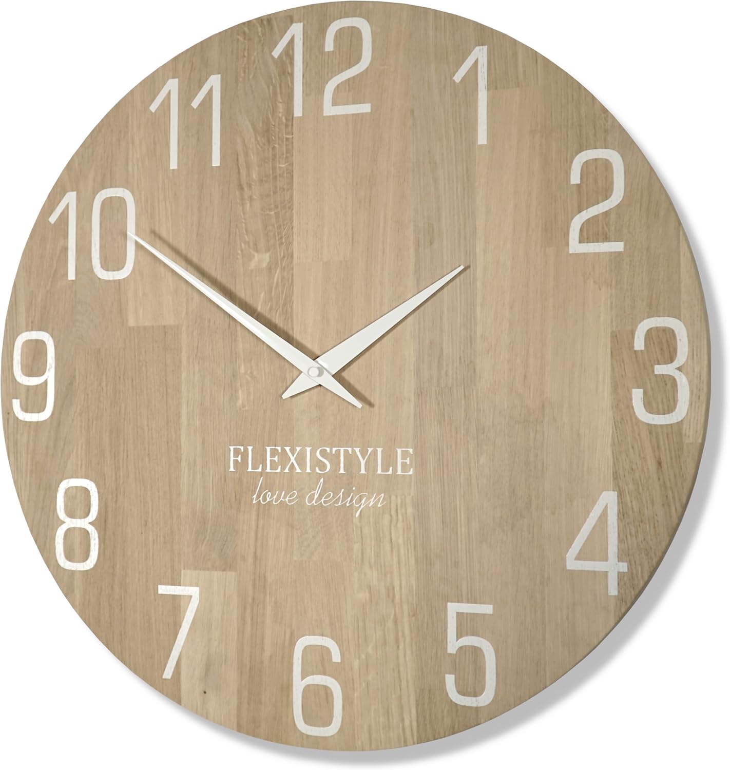 large wall clock 50cm wooden oak 100% white numerals and hands for living room office bedroom silent non ticking