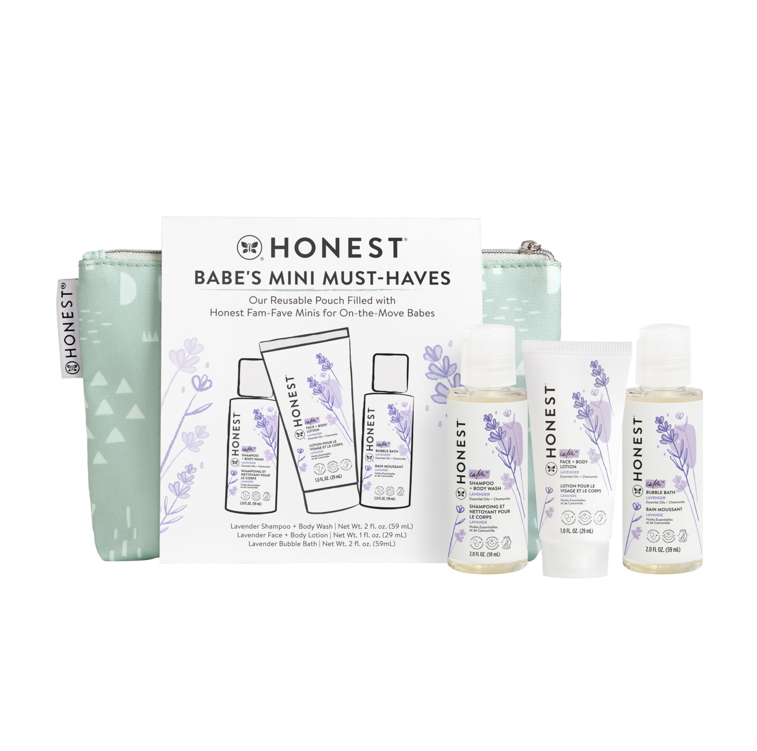 The Honest Company Babe's Mini Must Haves Gift Set | Travel Size Lavender Shampoo + Body Wash (2 fl oz), Face + Body Lotion (1 fl oz), Organic All Purpose Balm (.75 oz), Reusable Pouch