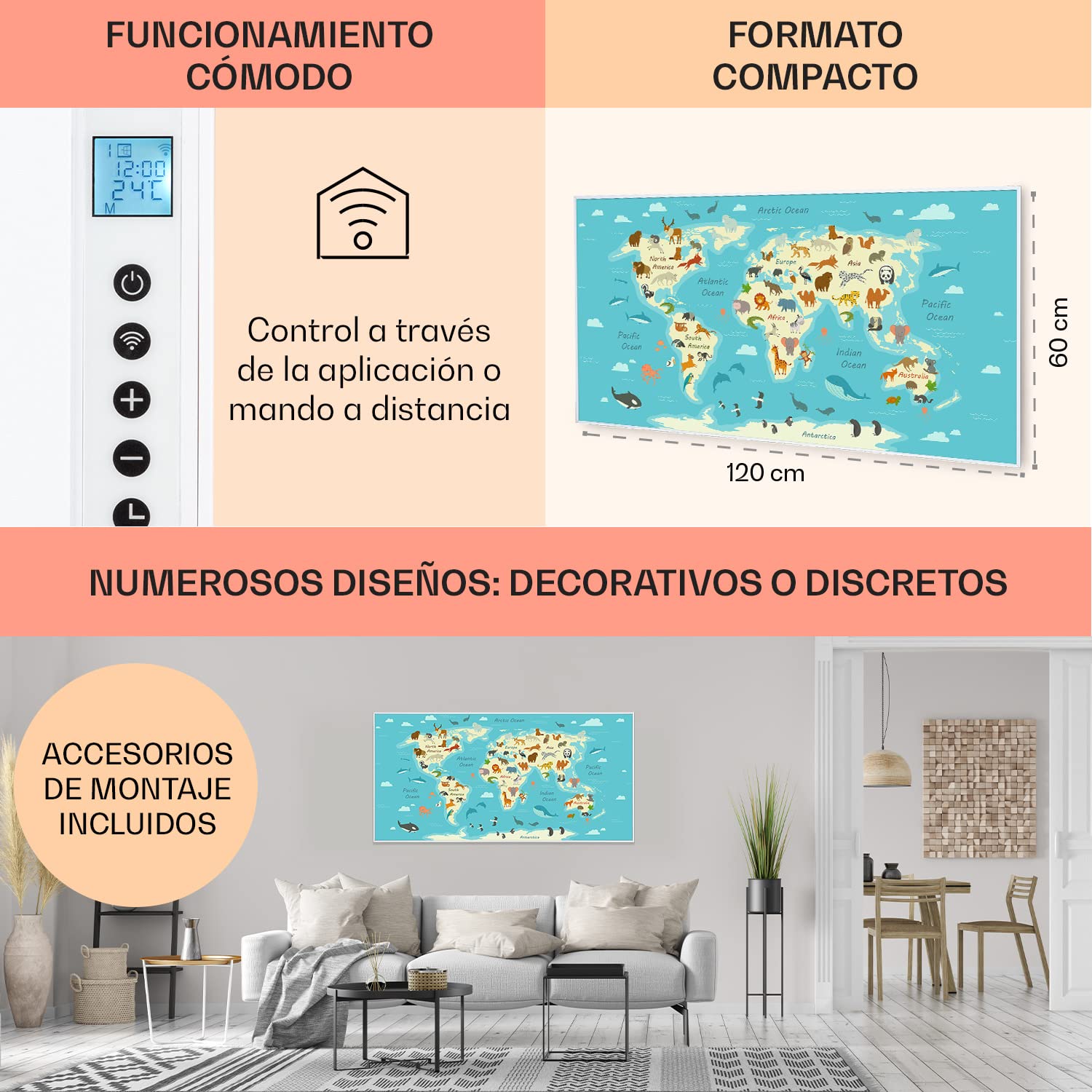 Klarstein Air Art Smart Radiador Electrico Bajo Consumo Infrarrojo de 700W para Casa, IoT/WiFi Control App, Detector Ventanas Abiertas, Termostato, Radiadores Infrarrojos Pared, Calefactores Sin CO2