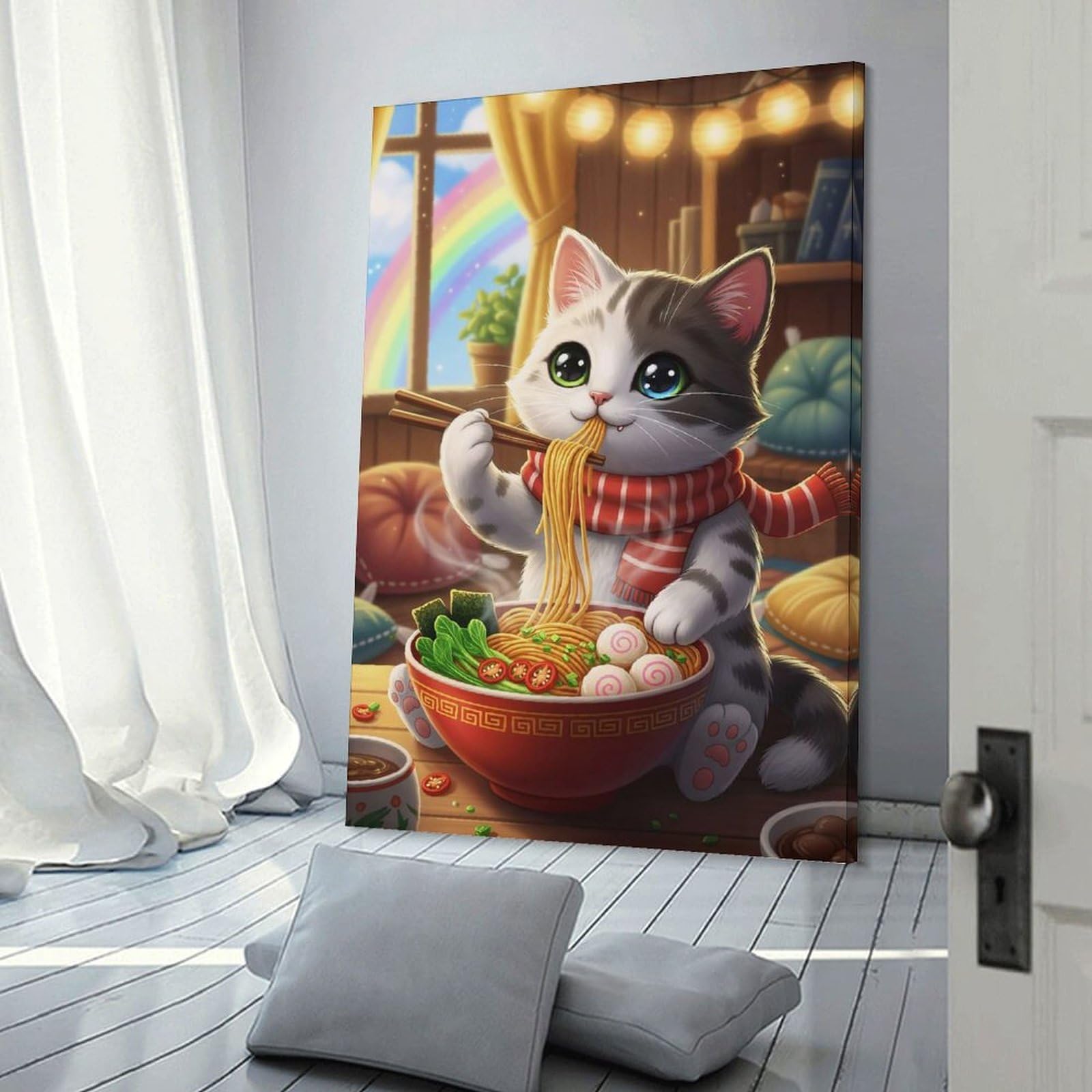 Junmoney Ramen Whiskers Cozy Cat & Noodles Room Decor Wall Art 20x30inch(50x75cm), for Bedroom, Guest Room Or Reading Nook, An Easy Wall Refresh for Bedrooms
