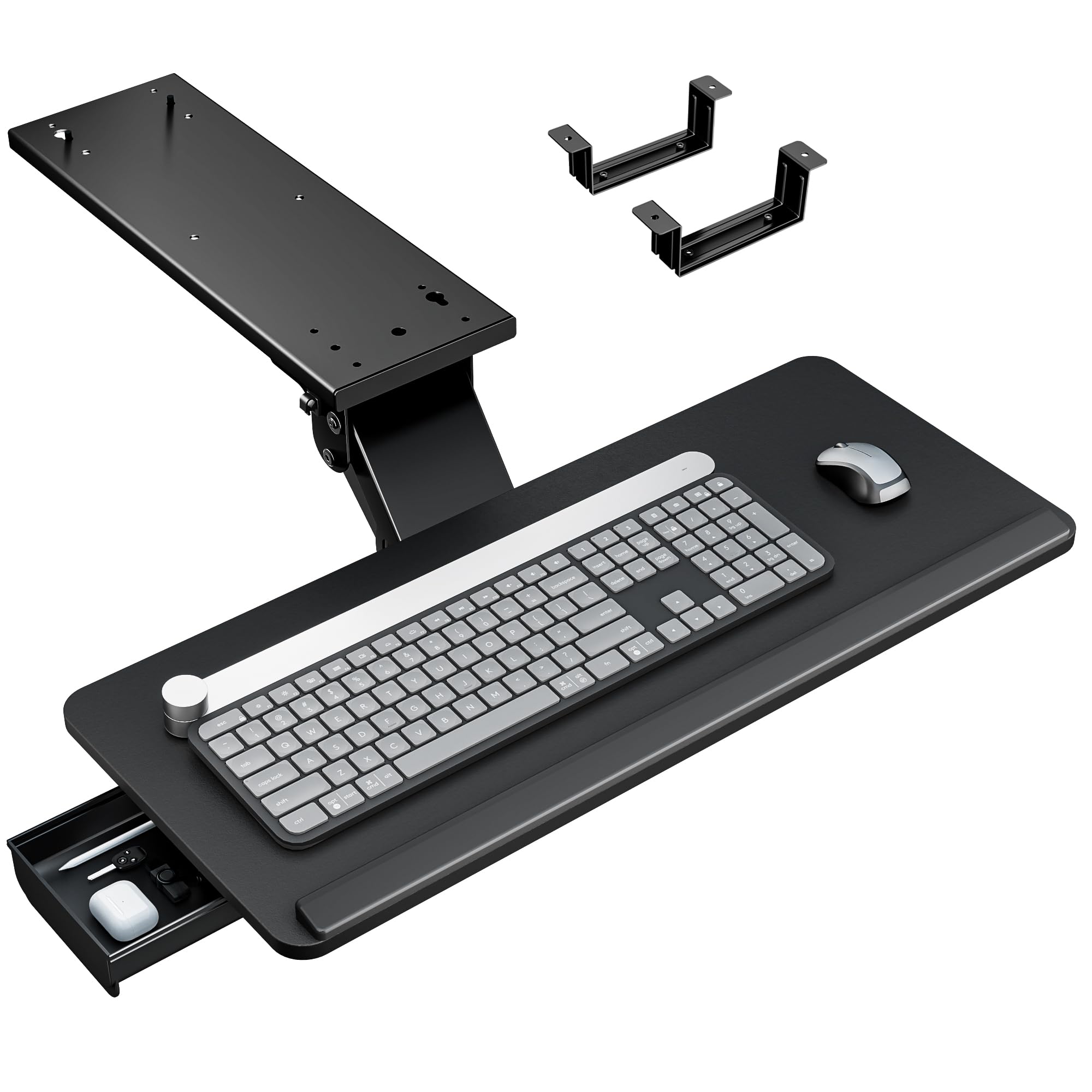 Keyboard Tray Under Desk with Storage Drawer, Height Adjustable Keyboard Tray Slide Out Swivel Tilt, Ergonomic Under Desk Mount Keyboard & Mouse Holder for Gaming Home Office, 25x11'', Black