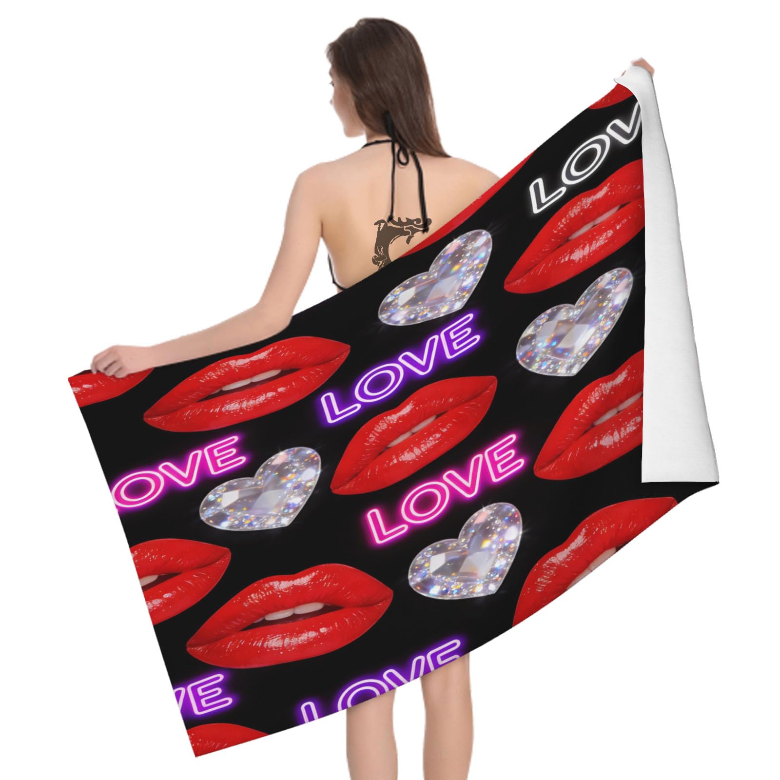 Leichong 3D Kiss Lip Beach Towel Microfiber Soft Quick Dry for Adults, Red Lips Bath Towel Lightweight Soft Absorbent for Travel Swimming Pool Sports, 75 x 150 cm