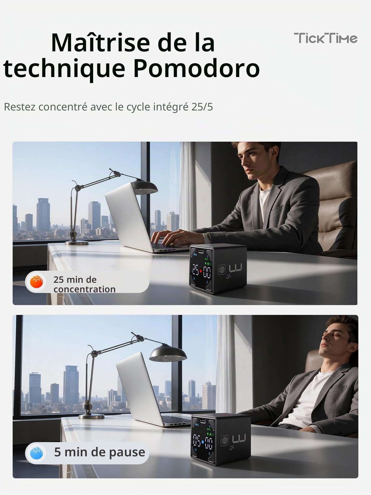Ticktime Pro Pomodoro Timer pour Étude, Travail, Tâches, TDAH, Cuisine | Pomodoro Timer, Flip 1/3/5/10/15/25/45/60 min Countdown, Minuteur & Chrono, 3 Rappel, Écran Clair, Flip Pause & Reprise