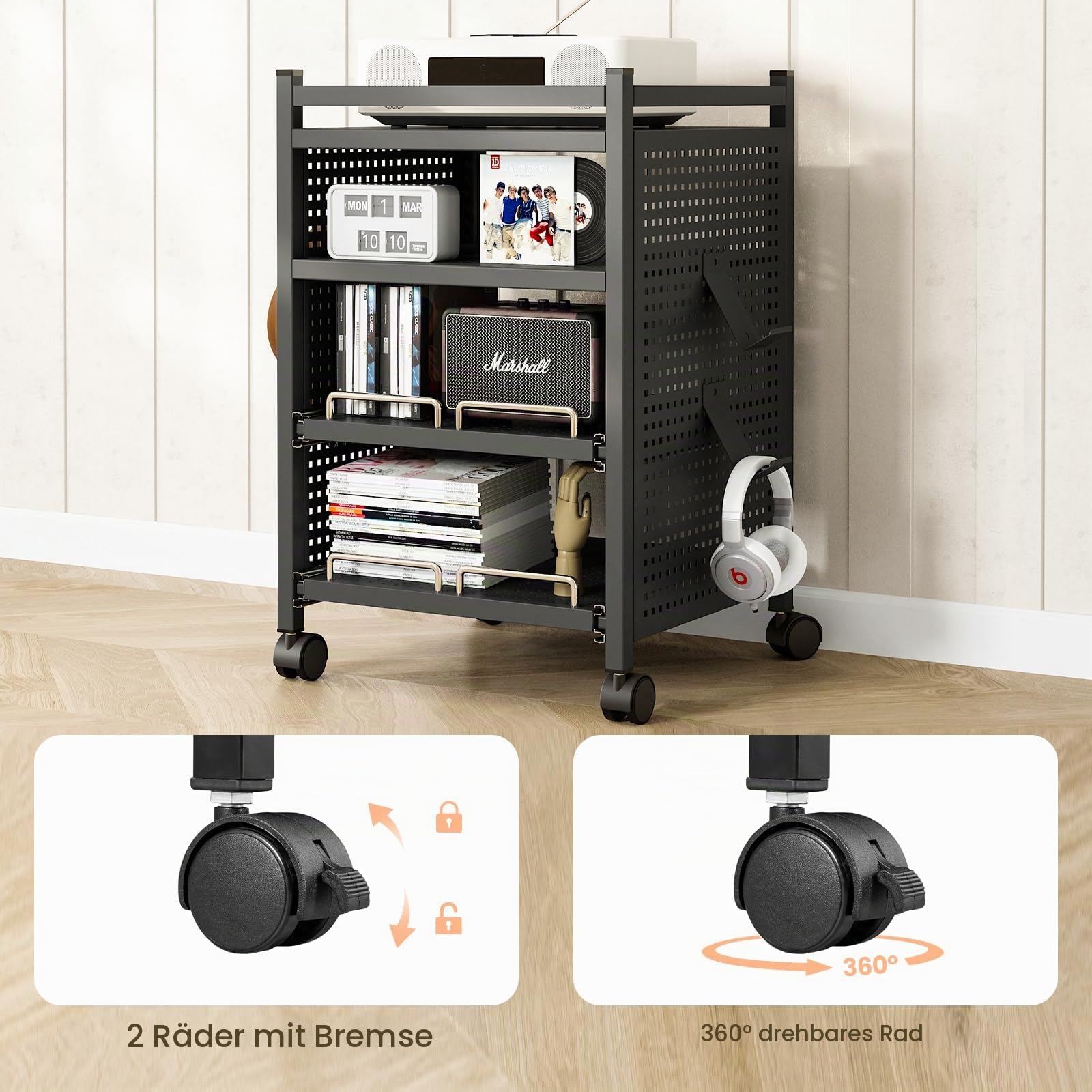 Sightlife Eckregal Stehend mit 4 Ebenen Standregal Eckregal Beistelltisch Audio Rack Nachttisch Side Table Schallplattenständer Bücherregal Eck-Stereo-Ständer Mit Rollen