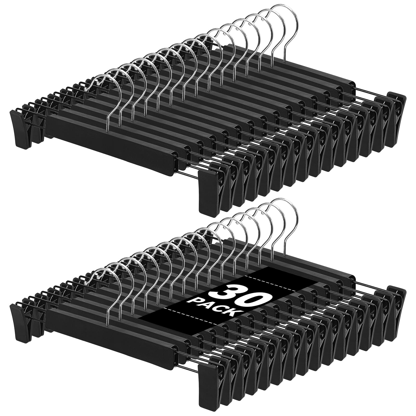 ZOUTOG Pants Hangers with Clips 30 Pack,Clothes Hangers with Clips Non Slip 12.5 inch for Skirt Shorts Trouser & More with 360 Rotating Swivel Hook（Black,Plastics）