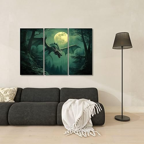 Miniatura 2 de JCFANGALLERY 3 Piece Canvas Wall Art Vintage Forest Dragon Dark Academia Fantasy Mystical Dragon Paintings Pictures abstract wall art for living