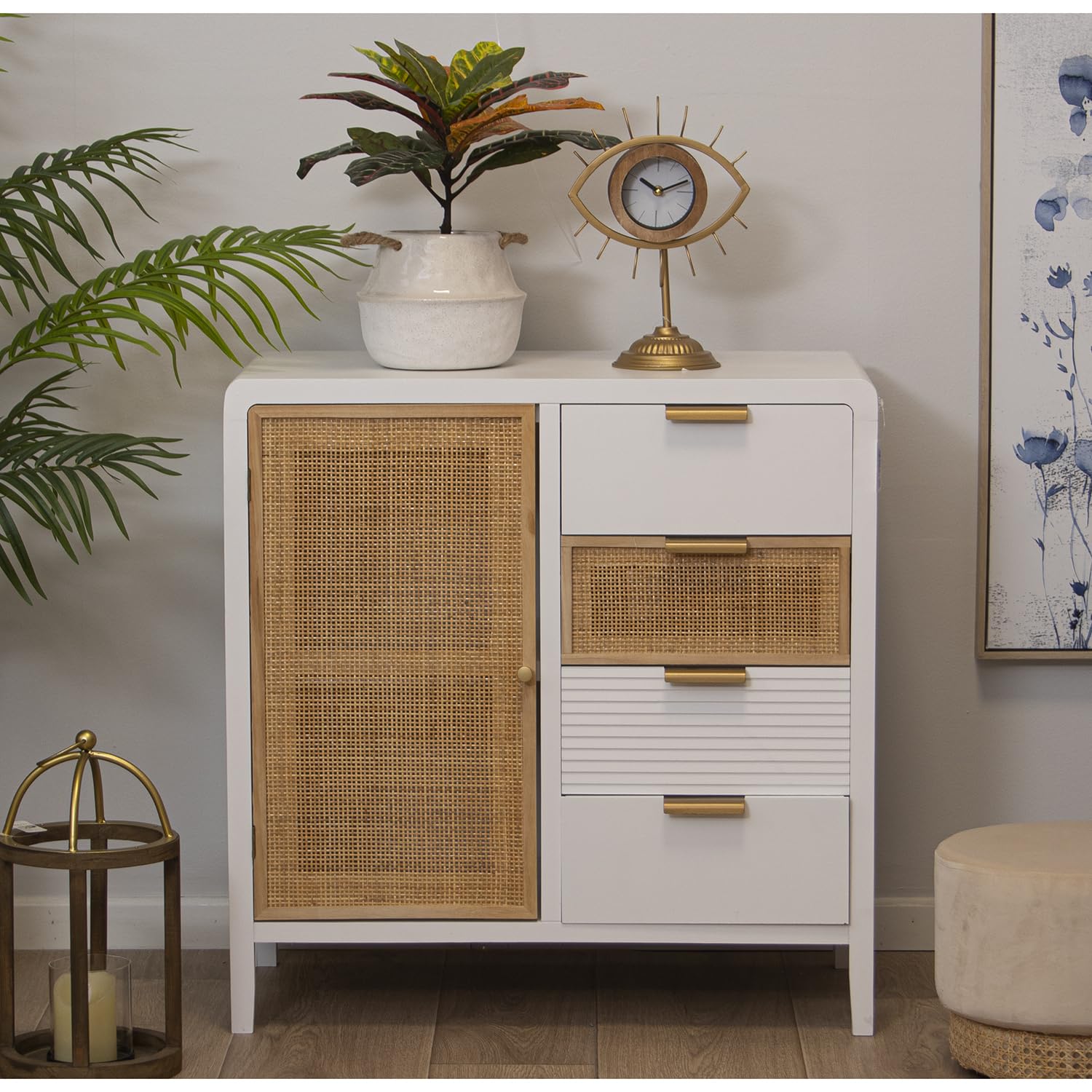 MUEBLE ENTRADA MADERA 4 CAJONES+PUERTA BLANCO/RATÁN 80X40X82CM, ABETO+DM+RAT┴N