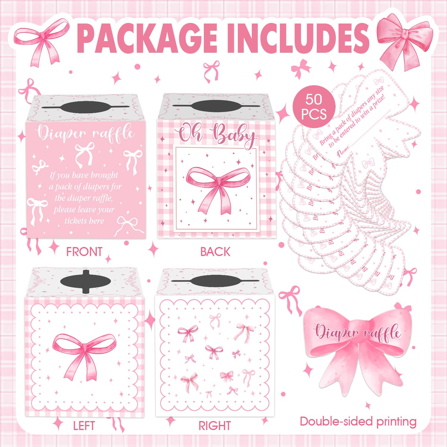 Decoraciones de baby shower con lazo rosa, caja de rifa de pañales para baby shower con 50 tarjetas de fiesta para niños, juego para niñas, decoración de baby shower, boletos de rifa de baby shower