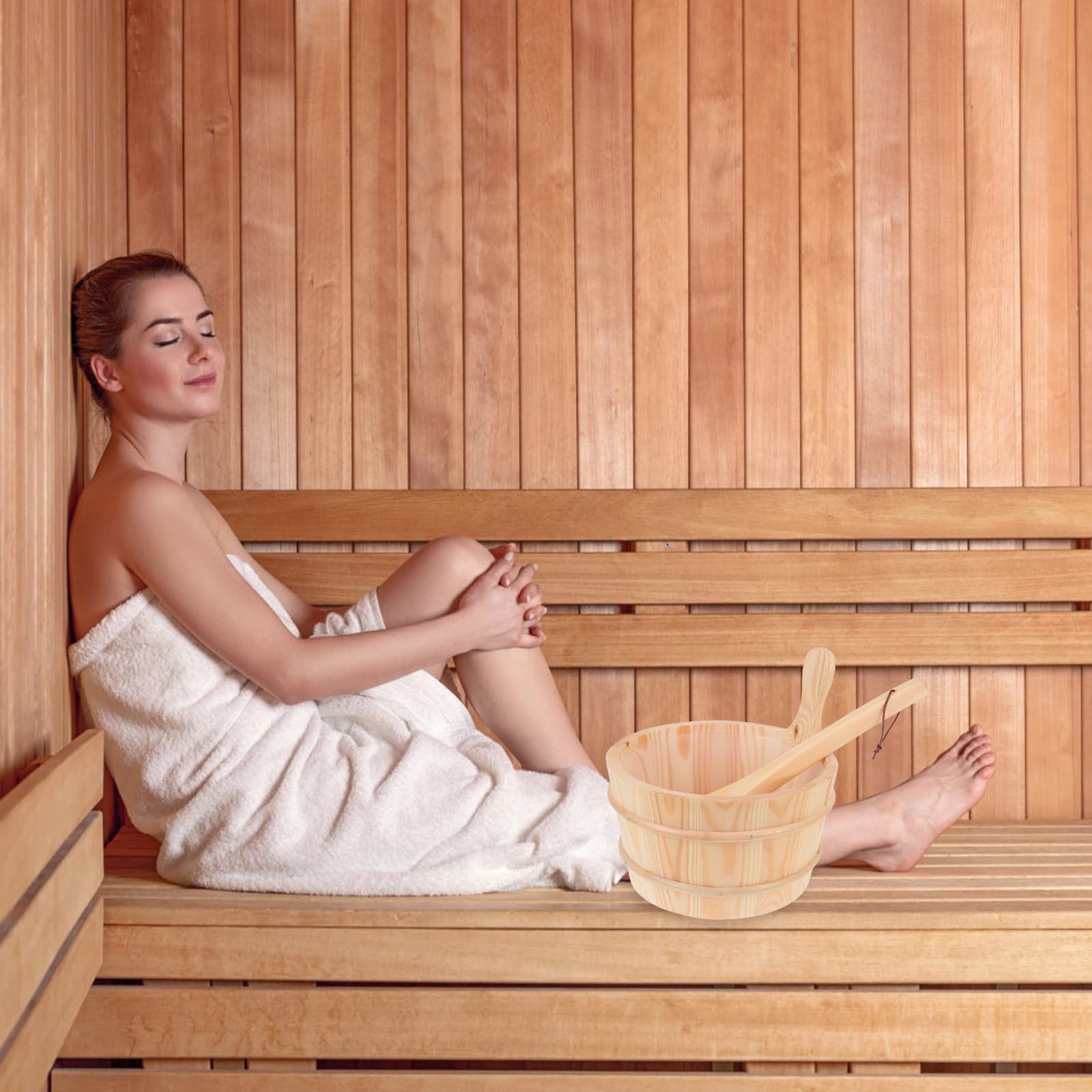 NUOBESTY Praktisches Holzfass und Fasslöffel Satz für Sauna mit Handpolierter Oberfläche und Leicht zu Greifendem Design für Saunazubehör