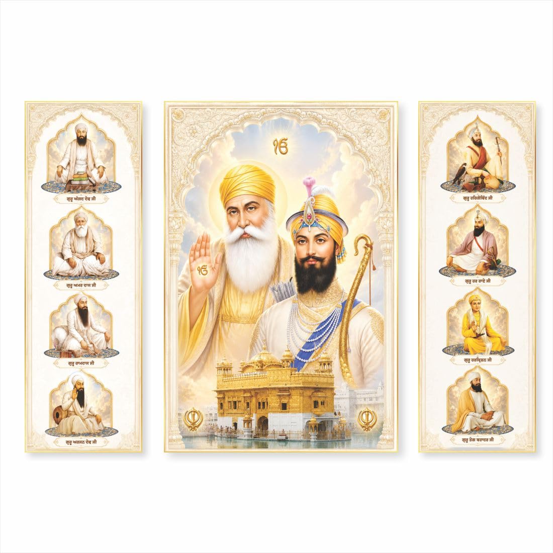 description: sikh gurus wall decor set of 3 | premium mdf wooden wall art panels with golden temple hd print | 10 sikh gurus religious wall hanging for living room, prayer room, office & home décor with hooks