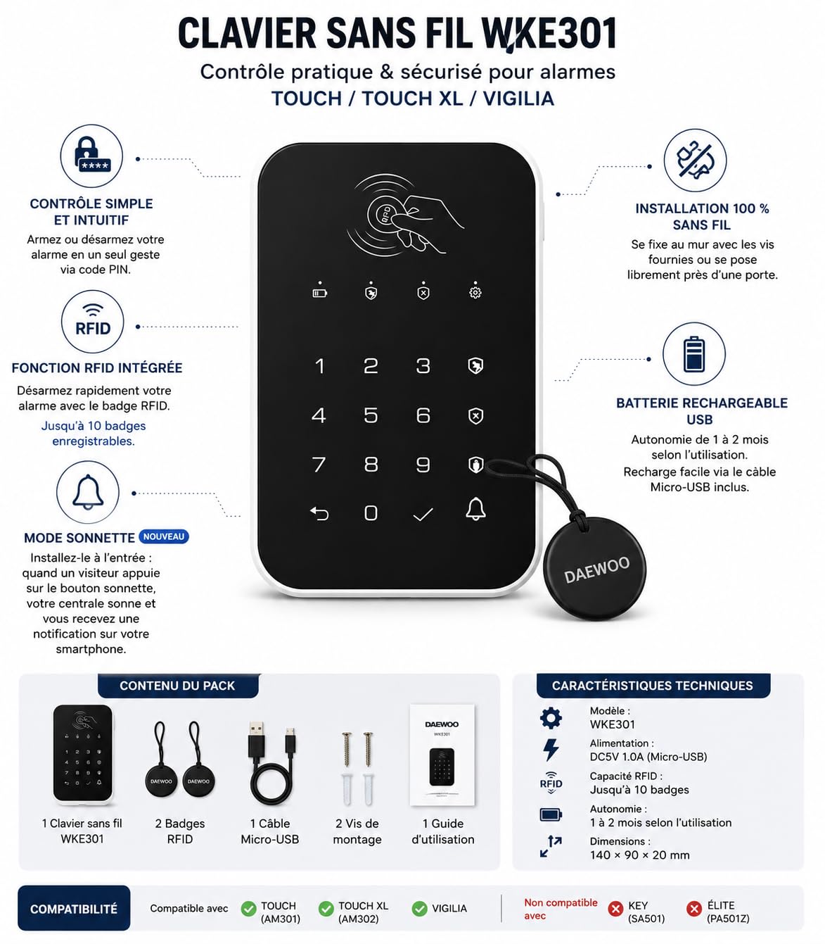 Daewoo Security Pack Alarme Maison sans Fil AM505L – Centrale Touch XL Wi-FI & GSM, 3 Caméras HD 1080p, 8 Détecteurs d'Ouverture, 5 Détecteurs de Mouvement, Sirène Solaire, App Daewoo Home Connect