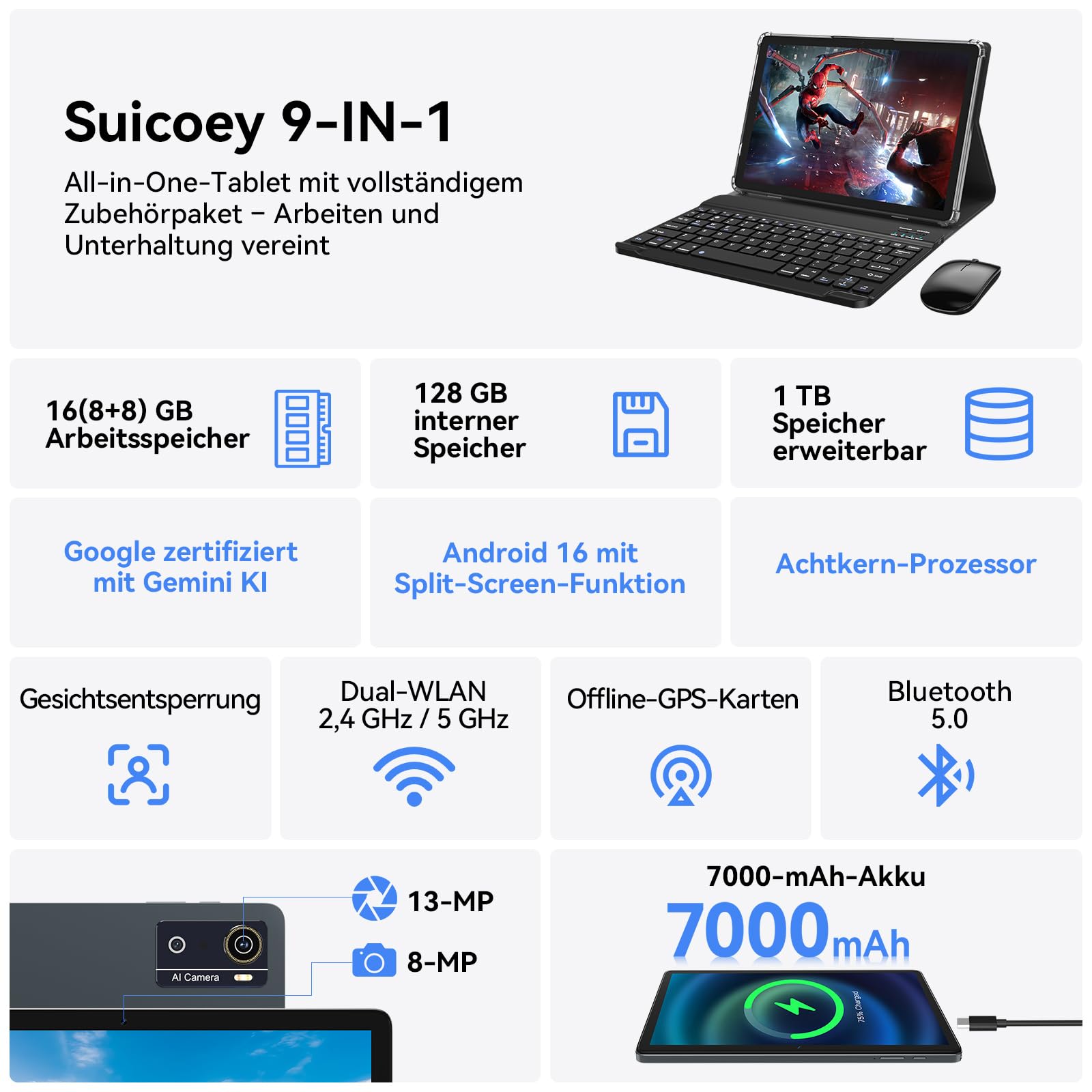 KADYBE Tablet 10 Zoll Android 16 Tablets mit 16GB +128GB 9-In-1 Komplettset mit Tastatur Maus Stift Hülle Gesichtsentsperrung 13MP Kamera 7000mAh GPS WiFi 5 Bluetooth 5 Tablet für Homeoffice