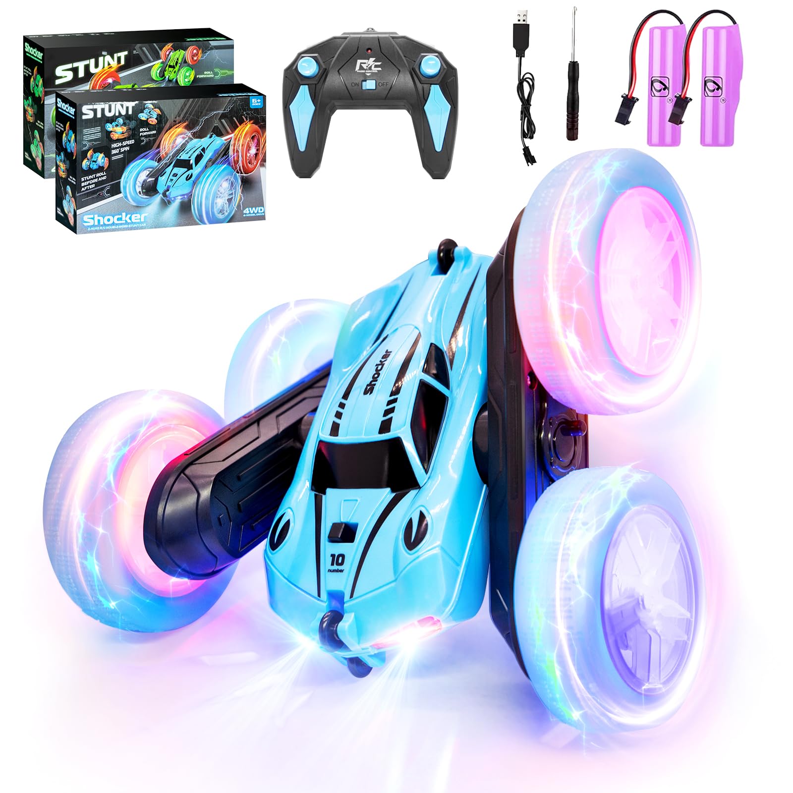 ODAPTO Auto Crawler op afstand bestuurde auto voor meisjes 6-12 jaar, RC speelgoedauto met LED-licht, 2,4 GHz 4WD, 360° flip, incl. 2 oplaadbare batterijen roze (Blue