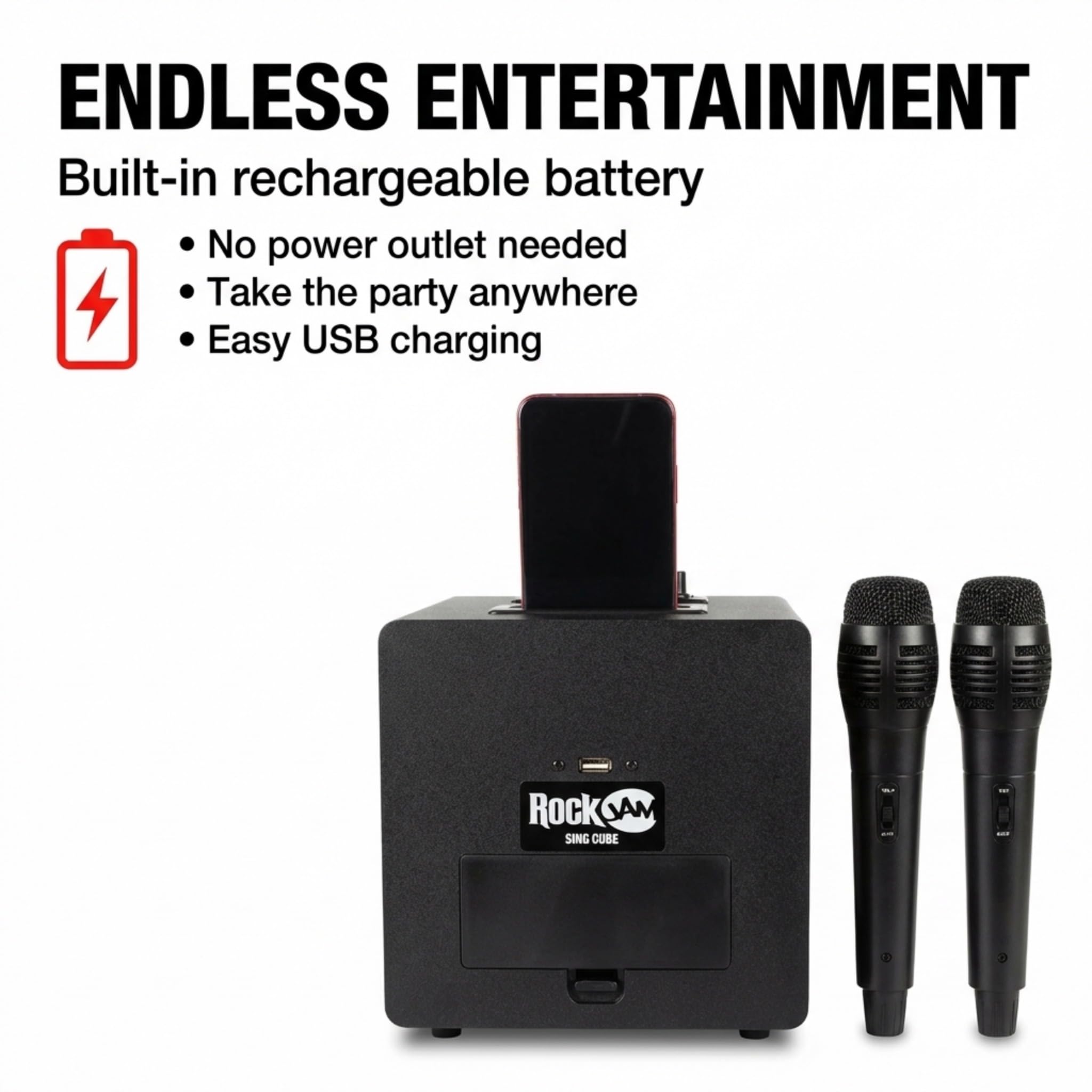 Machine de karaoké Bluetooth Rechargeable RockJam 10 Watts avec Deux Microphones, Jeux de lumière et Effets vocaux