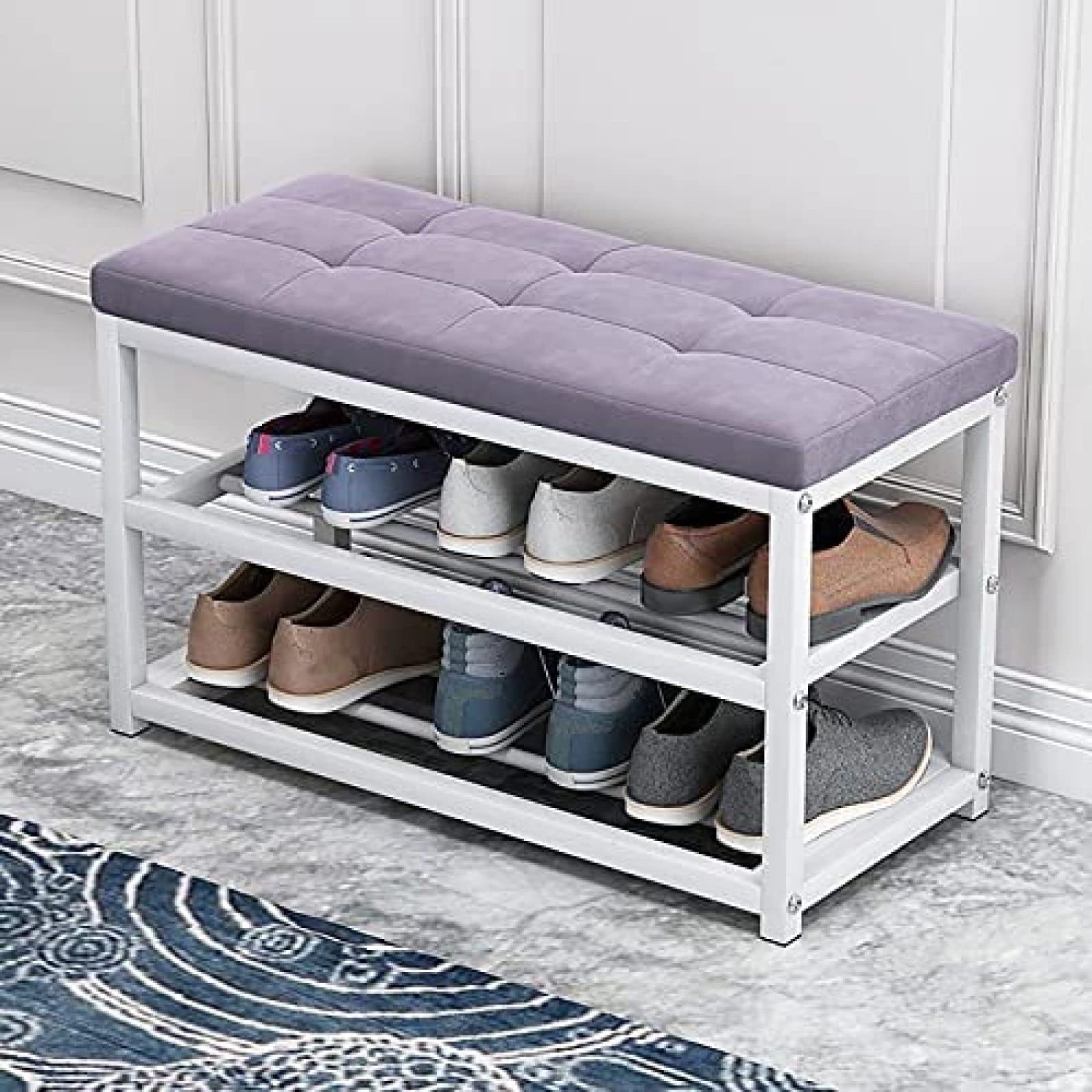 WJFTODAY Cushioned Shoe Rack Bench with Metal Shelf Velvet Entryway Storage Stylish 3 Tier Shoe Storage 70x45x30cm (28x18x12in) for Home & Hallway