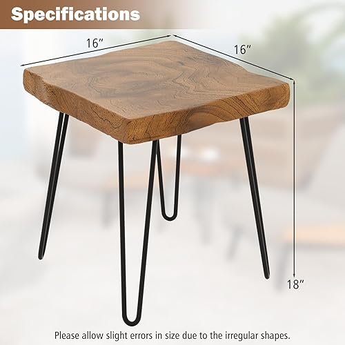 Miniatura 3 de GOFLAME Mesa auxiliar rectangular, mesa auxiliar para interiores y exteriores con parte superior de madera de teca maciza y patas de metal, mesa de