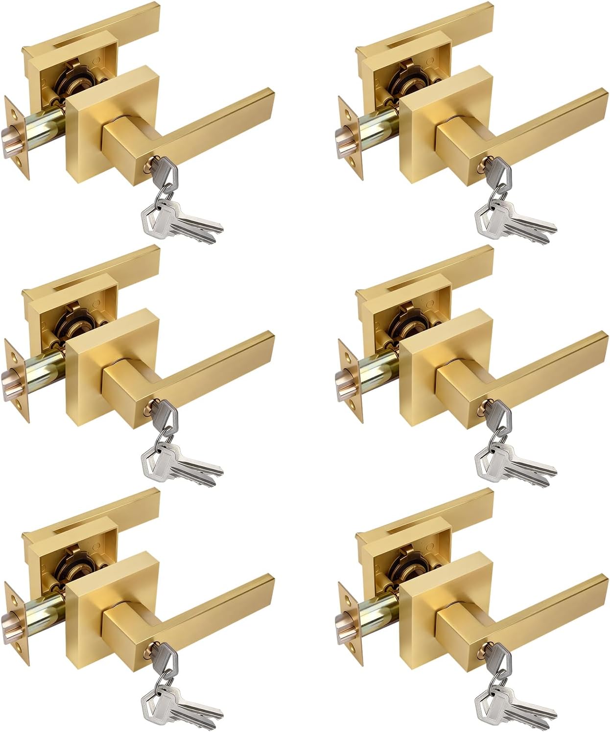 Boisouey Door Knobs with Lock and Key, 6 Pack Brushed Gold Interior Door Handles for Bedroom Bathroom Front Entry Door, Keyed Entry Locking Door Knob with 3 Keys for Home Security
