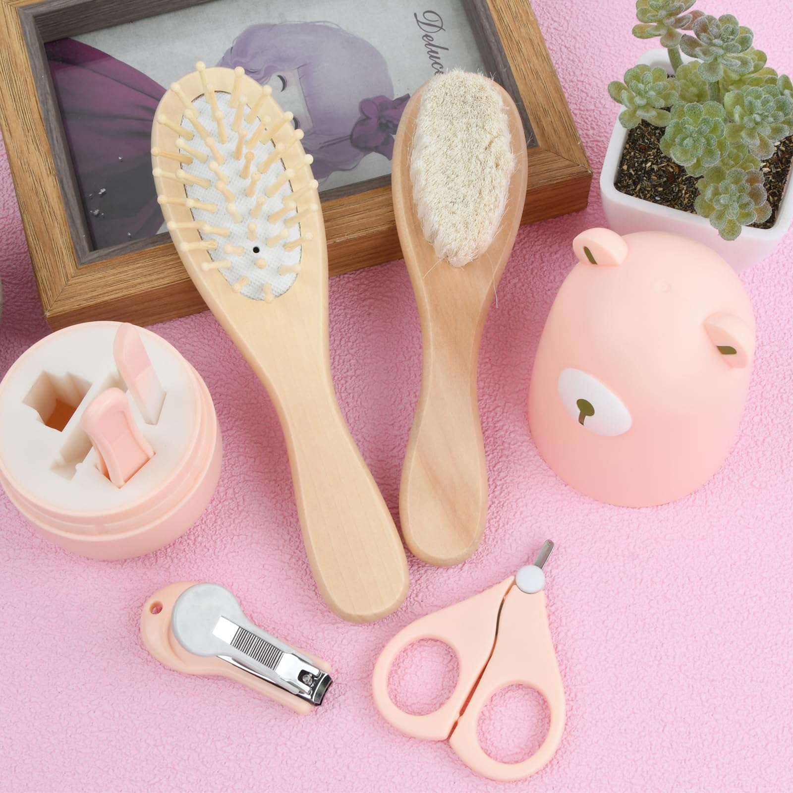 Set Manicure e Pedicure per Neonato, Kit Igiene e Cura Bambini 6 Pezzi, Cortaunghie con Spazzola e Pettine per Neo Genitori (Rosa)