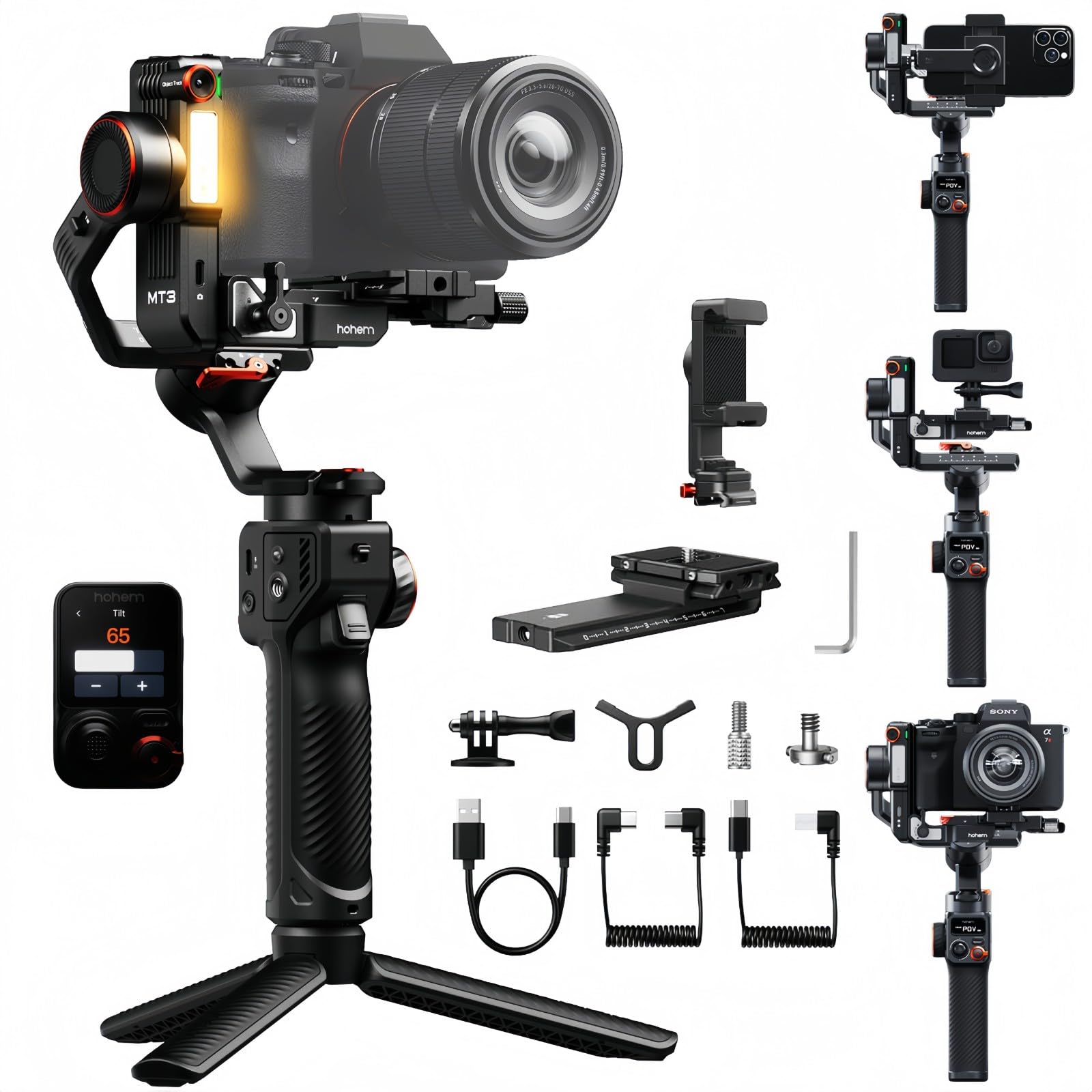 Hohem iSteady MT3 Pro Stabilizzatore Gimbal per fotocamere Sony Canon Fujifilm Nikon Lumix, Action Cam e Smartphone, 3 Assi con Tracking IA con Telecomando Live Feed Rimovibile, Carico Utile 2,5kg