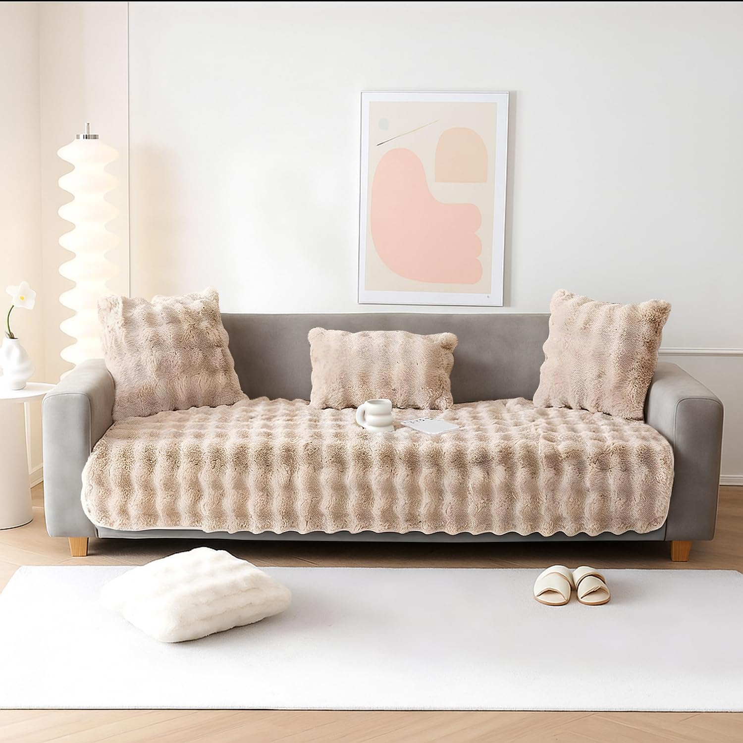 Lithara Premium Waterproof Faux Rabbit Fur Sofa Cover Mat | Ultra-Soft | Thick & Fluffy with Anti-Slip Design, Washable Furniture Protector for 3 Seater Sofa 70x170 cm (Beige)-image-10