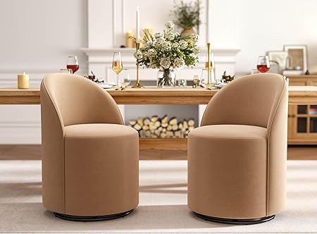Wahson Velvet Swivel Dining Chair Set of 2, Modern Upholstered Barrel Accent Chair with 360 Degree Rotation, Khaki Vanity Chair for Dining/Living Room, Bedroom, Makeup Room