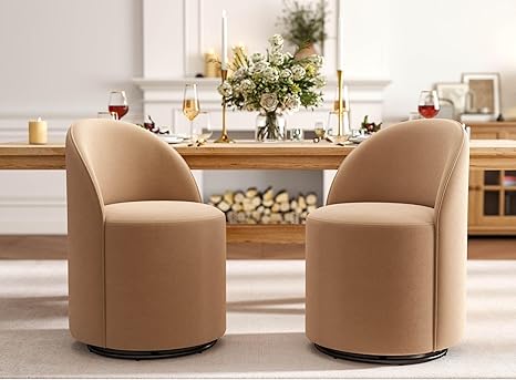 Wahson Velvet Swivel Dining Chair Set of 2, Modern Upholstered Barrel Accent Chair with 360 Degree Rotation, Khaki Vanity Chair for Dining/Living Room, Bedroom, Makeup Room