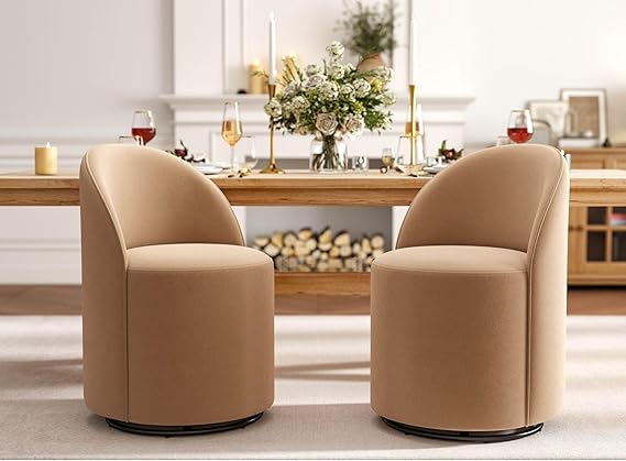 Wahson Velvet Swivel Dining Chair Set of 2, Modern Upholstered Barrel Accent Chair with 360 Degree Rotation, Khaki Vanity Chair for Dining/Living Room, Bedroom, Makeup Room