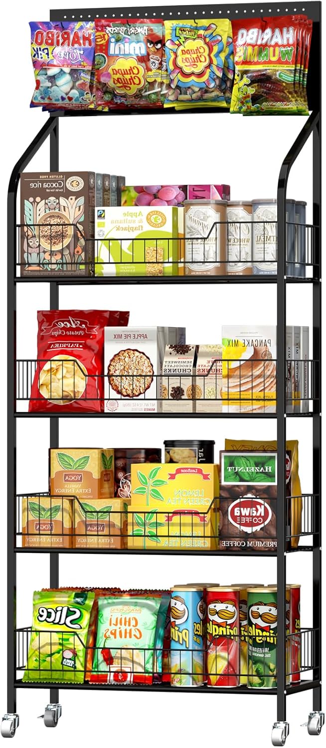 lesolar Black Display Shelf Stand, 4 Tier Candy Chip Snack Display Rack Stand, Retail Shelves Racks for Vendors, Snack Organizer Cart with Wheels and Hooks