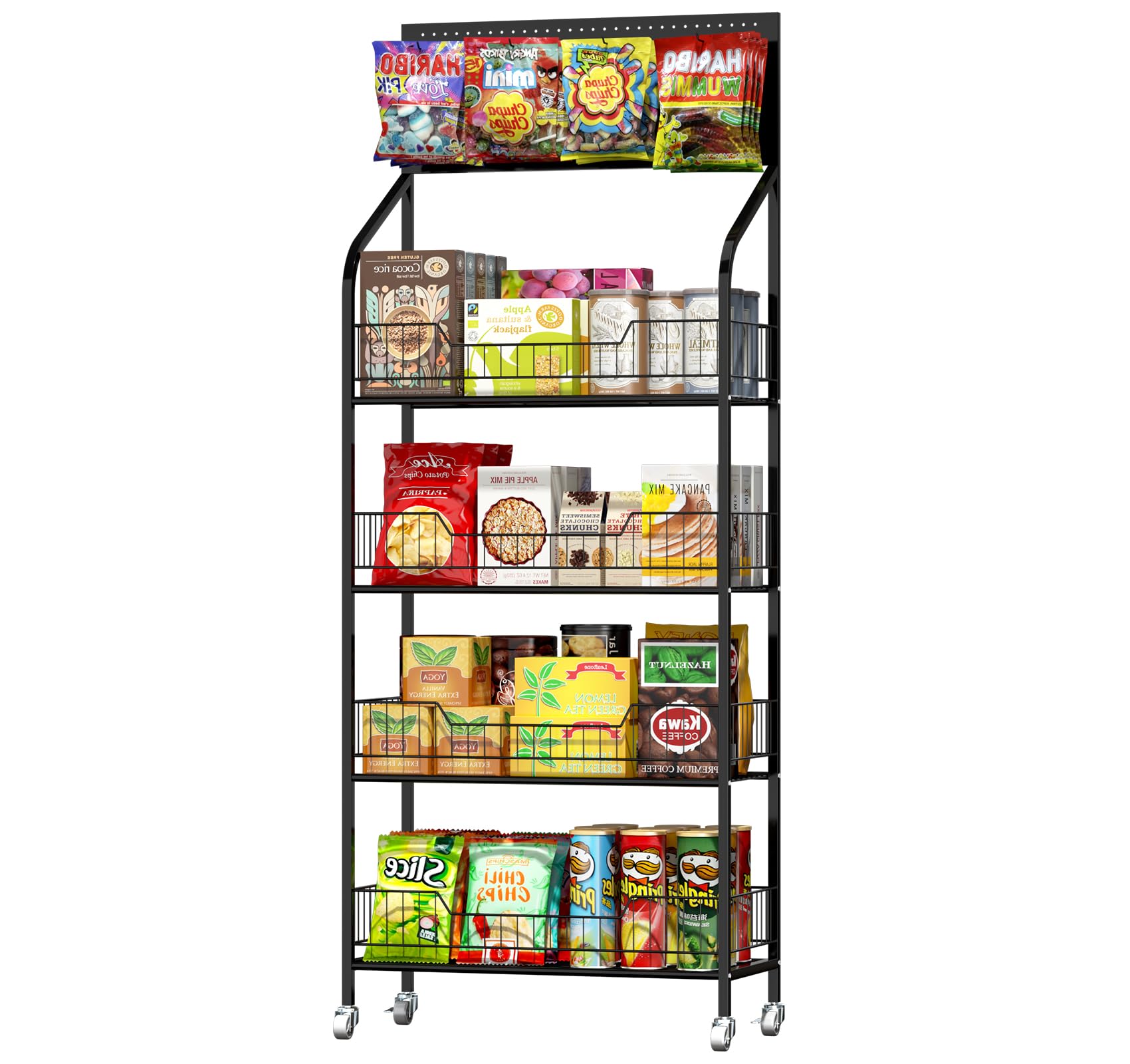lesolar Black Display Shelf Stand, 4 Tier Candy Chip Snack Display Rack Stand, Retail Display Shelves Racks for Vendors, Tiered Store Display Stand Shelves, Snack Organizer Cart with Wheels and Hooks