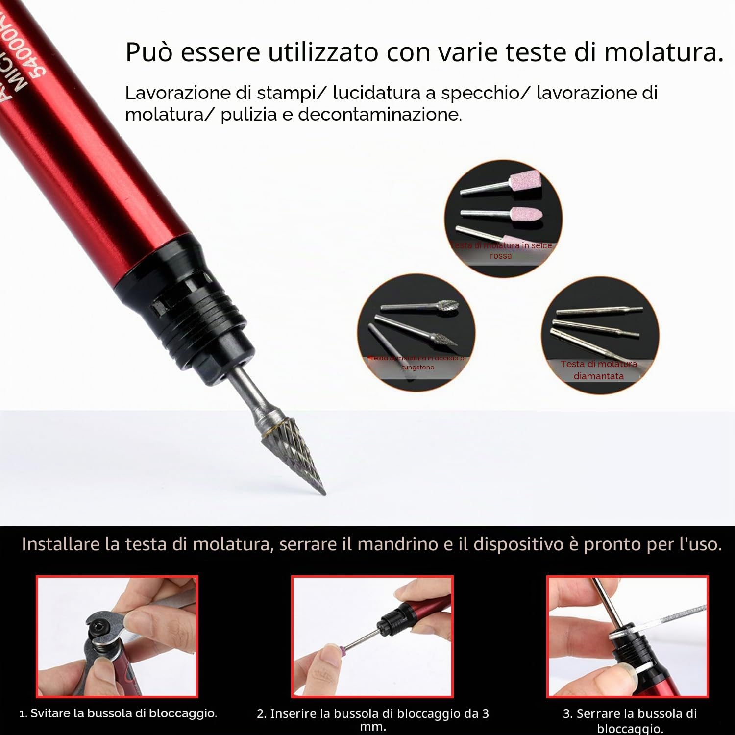 Micro Smerigliatrice Pneumatica 1/8 pollici Smerigliatrice Penna a spinta, 56.000 rpm, rosso