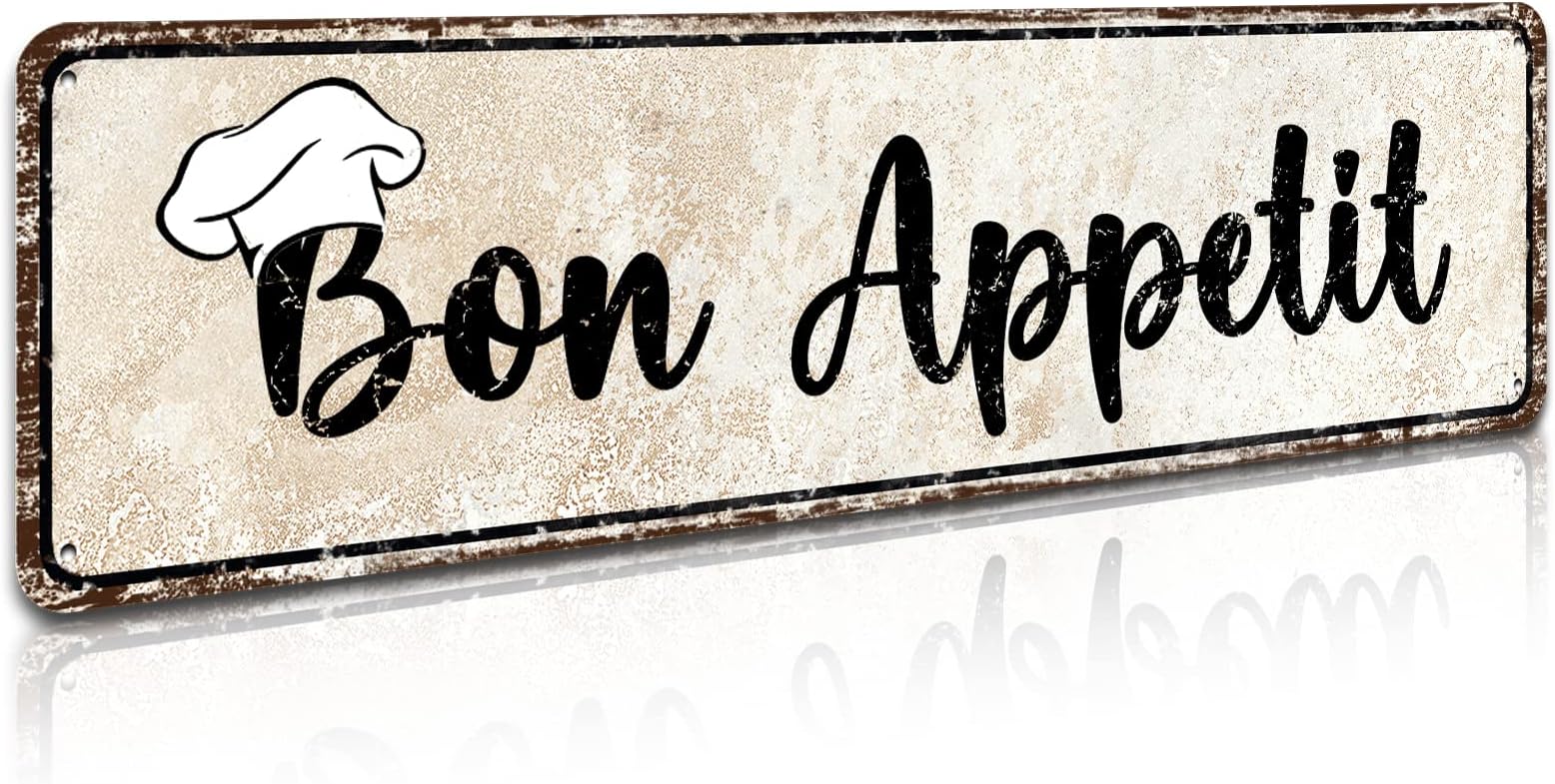 Bon Appetit French Chef, 4" by 16" Plaque Distressed Wall Metal Tin Sign for Home Bar Garden Kitchen Pub Bistro Wall Art Decor