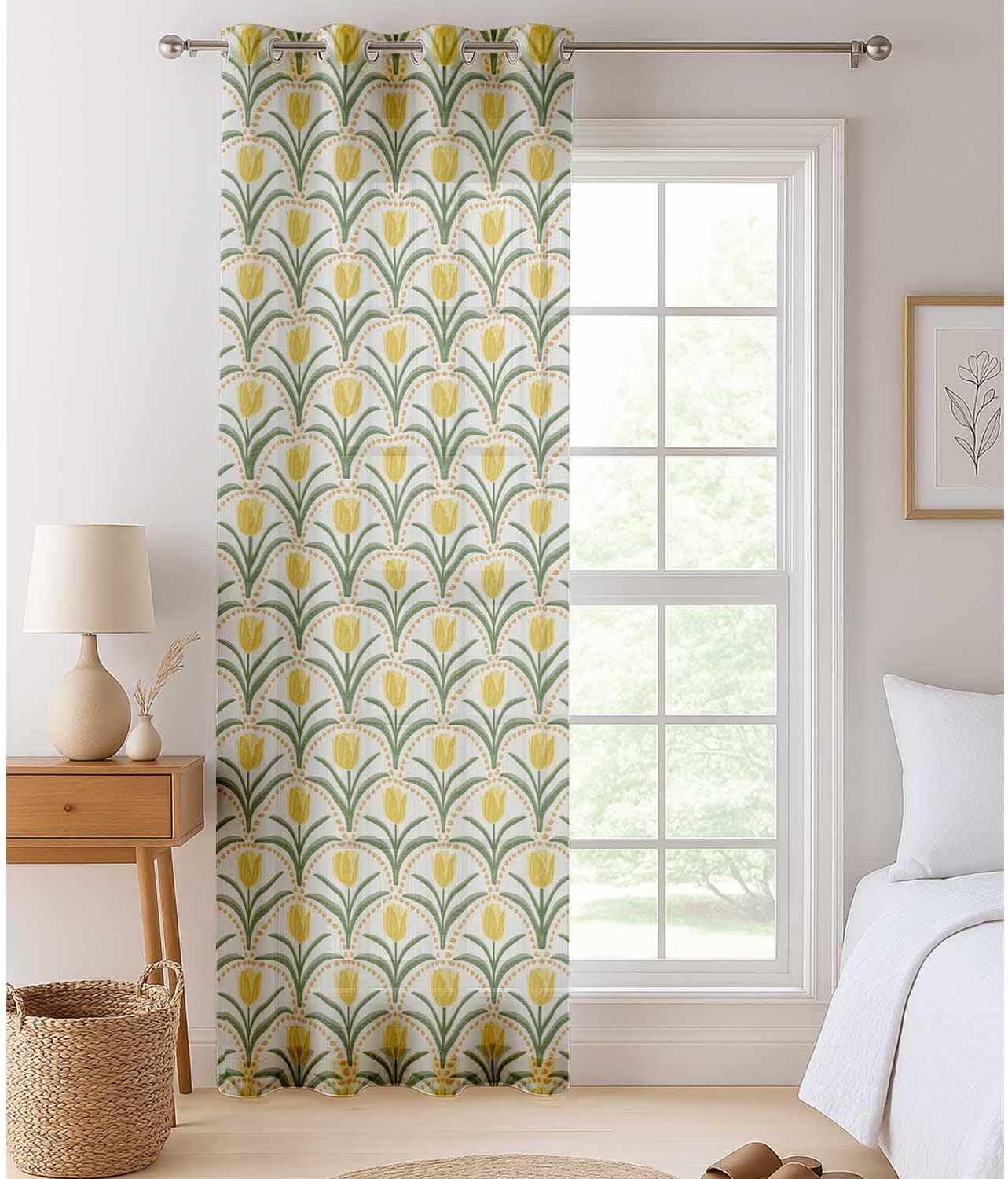 Tulip Flower Print Sheer Curtains for Short Windows - Set of 2 Panels, 63", Grommet Top, Printed Georgette, Light Filtering Drapes for Kitchen or Bedroom